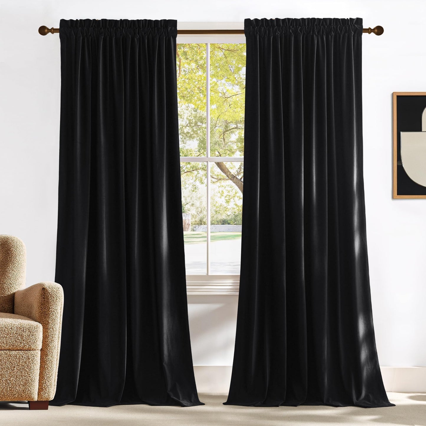 NICETOWN Black Velvet Blackout Curtains 96 inch Long for Living Room and Bedroom, Thermal Luxury Solid Heavy Rod Pocket Drapes/Window Treatments for Hall, Theater (2 Pieces, 52 W)