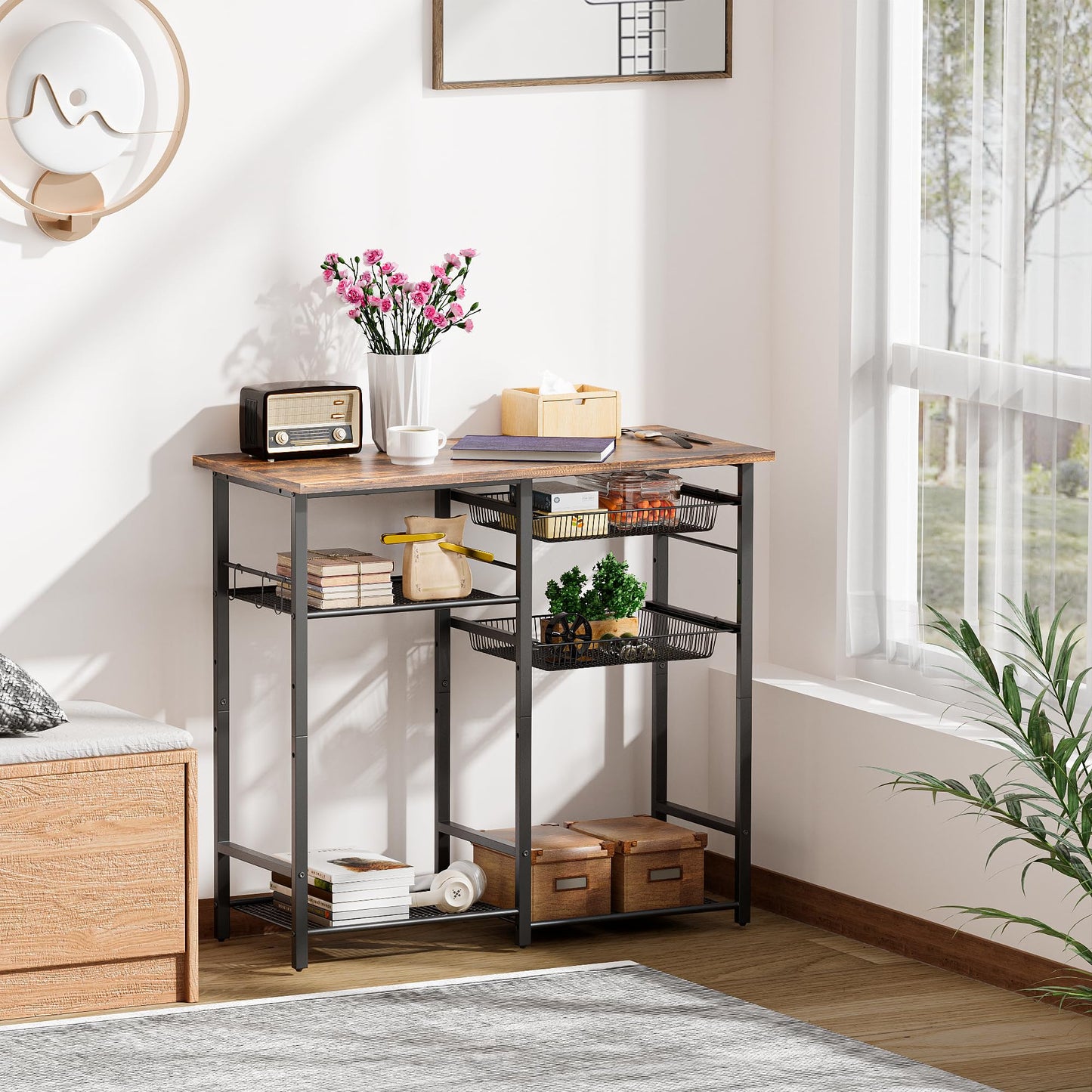 LAKEMID Kitchen Bakers Rack,Microwave Stand with Storge 3-Tier,Coffee Bar Station,6 S-Shaped Hook,Kitchen Storage Shelf,33.7D x 14.9W x 29.9H Inches,Rustic Brown