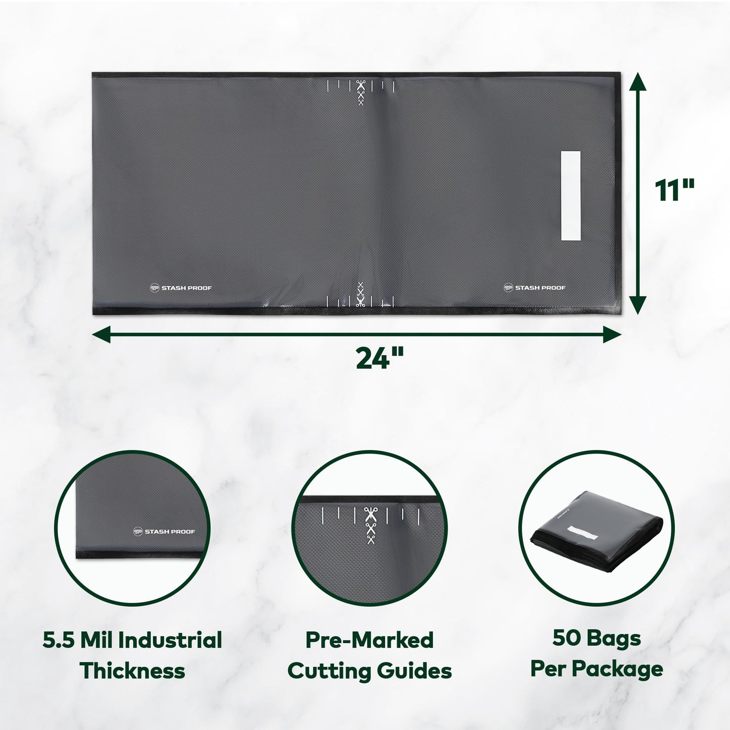Stash Proof Vacuum Seal Bags 11" x 24" (50 Count) 5.5 Mil, Black and Clear- BPA Free Commerical Grade Food Saver for Storage, Sous Vide, and Meal Prep Sealer Bag