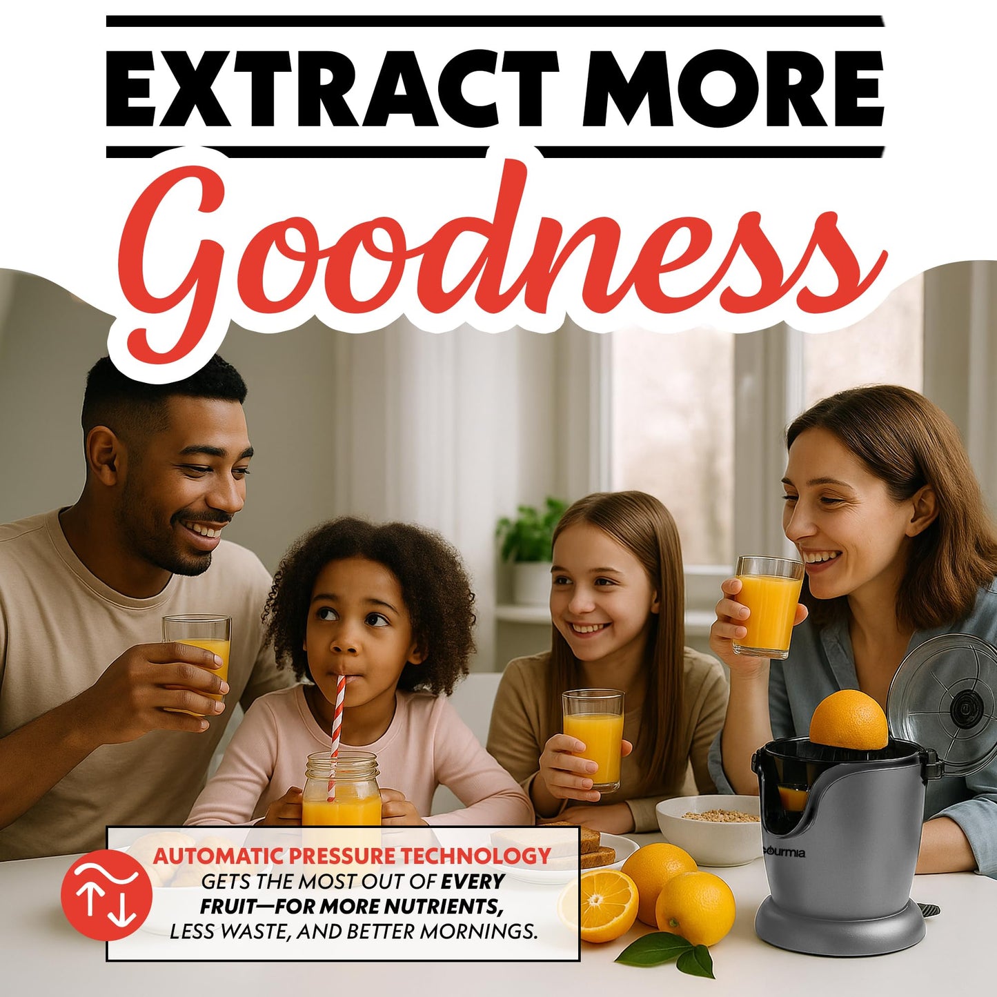 Gourmia Citrus Juicer - Automatic Juicer with 17 oz Capacity, One-Touch Operation, Universal Cone, Anti-Drip Spout, Dishwasher-Safe Accessories, Compact Quiet 60W Motor