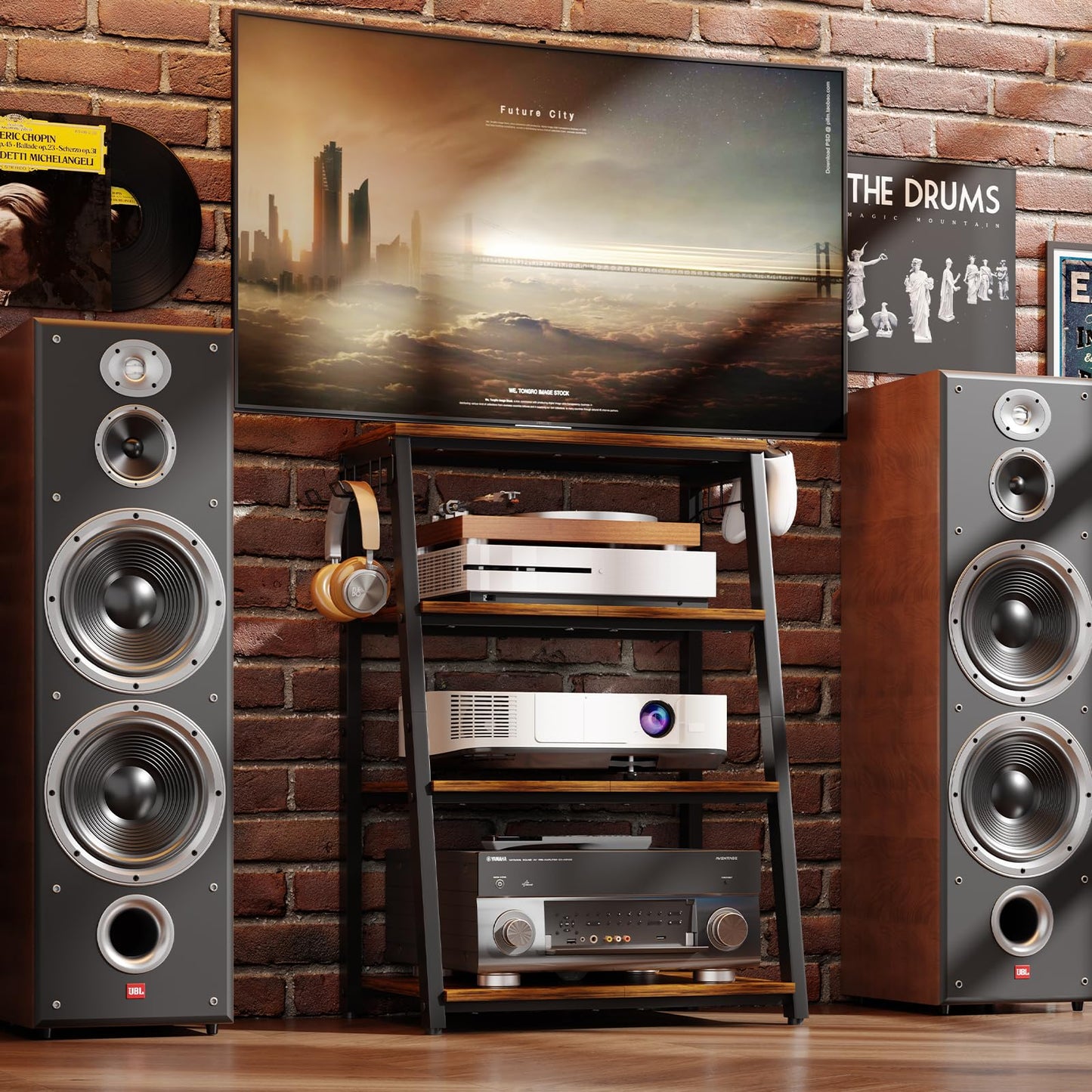 4-Tier AV Media Stand with 2 Hooks,Heavy Duty Stereo Cabinet Furniture-Large Stereo Rack and Game Console Stand,Wooden Record Player Stand,Audio Stand Perfect for DVD Players/Game Console/TV Box/Xbox
