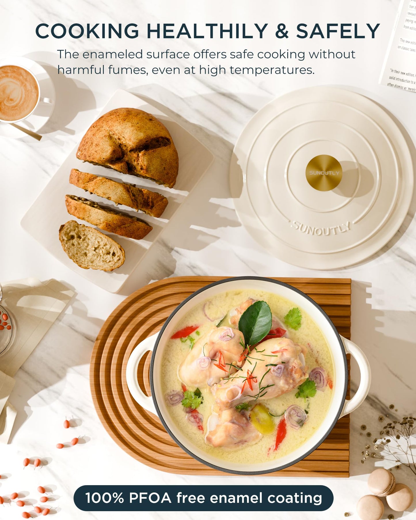 Enameled Cast Iron Dutch Oven - 6QT Pot with Lid & Cotton Potholders - Heavy-Duty Cookware for Braising, Stews, Roasting, Bread Baking, Oven Safe up to 500° F & Across All Cooktops, Cream White