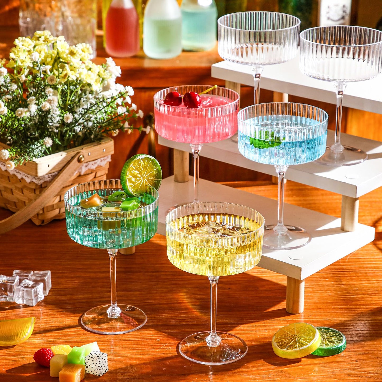 Jingmore 24 Pcs Ribbed Martini Glasses 10 oz Disposable Plastic Vintage Ribbed Coupe Glasses Unbreakable Dessert Parfait Glassware for Wedding Birthday Party Supplies (Clear)