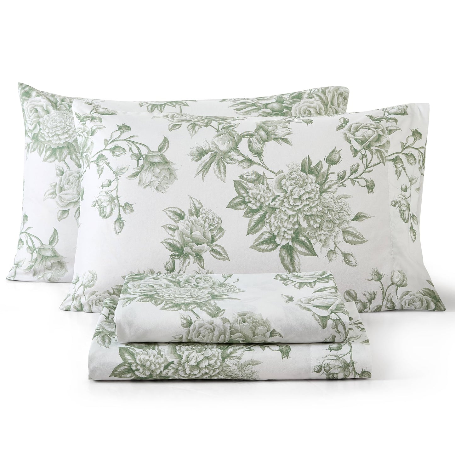 HLC.ME Rose Toile Floral Bed Sheets - 4 Piece Bed Sheet Set - Wrinkle Resistant & Ultra Soft - Fits Mattresses up to 15 Inches Deep (King, Sage Green)