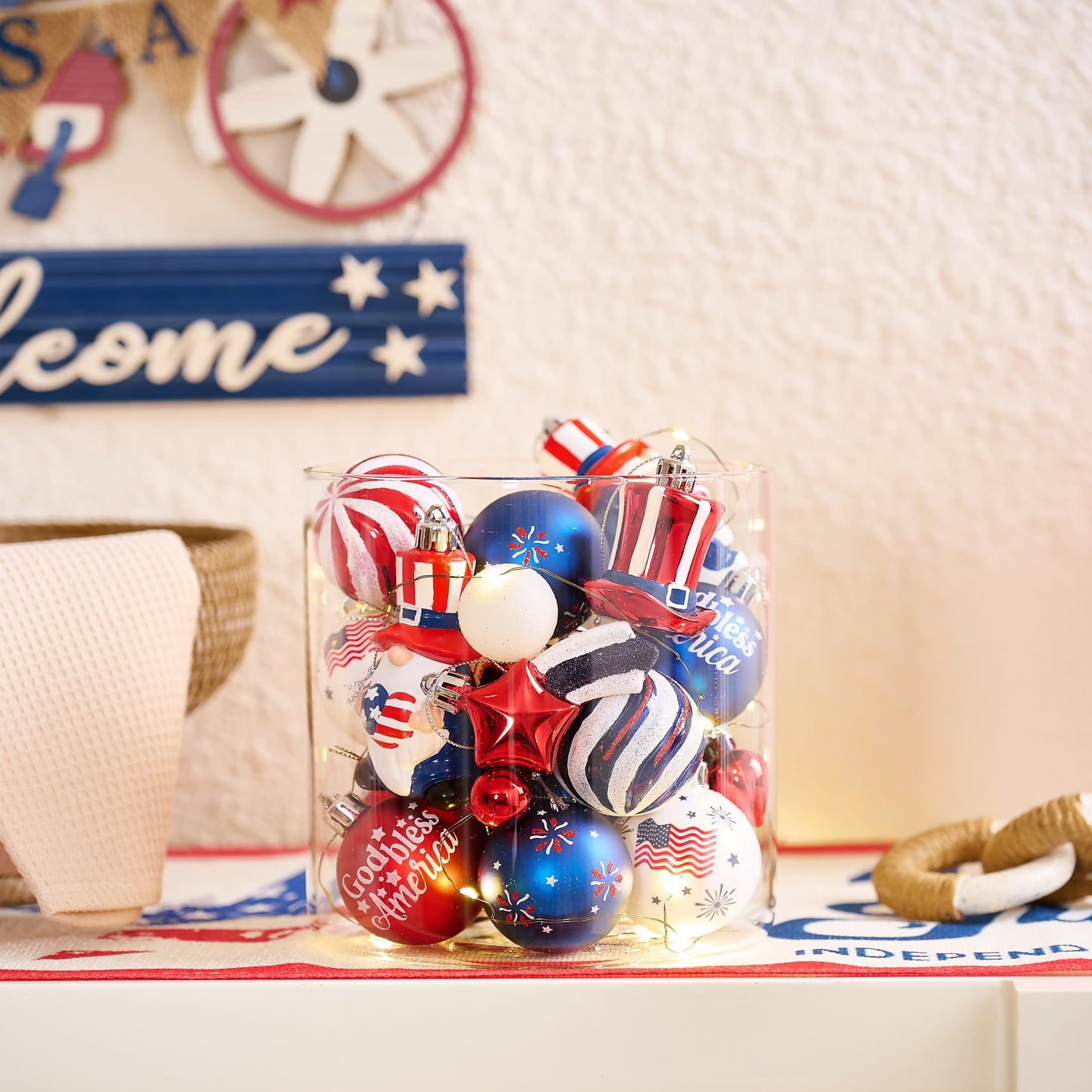 Valery Madelyn 4th of July Tree Decorations for Patriotic Memorial Day Ornaments, 50ct Medium Red White Blue Shatterproof Americana Gnome for Independence Day USA 250th Anniversary Hanging Ball Decor
