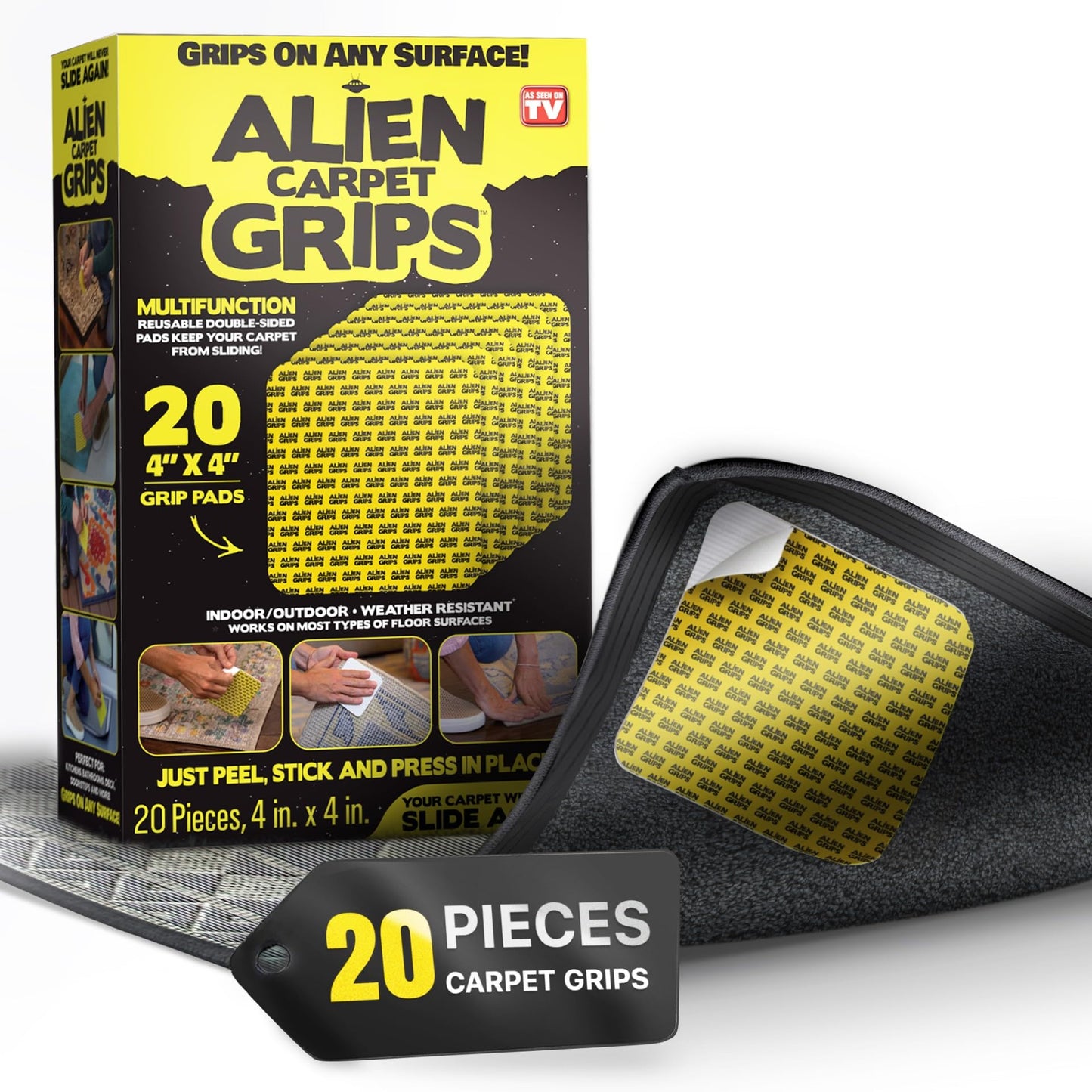 Alien Grip Rug Gripper Carpet Tape - 20pcs, 4x4 in. Anti-Slip Hardwood, Tile Floor, No Damage - Double Sided Reusable, Non Slip Corner Rug Pads - As Seen on TV