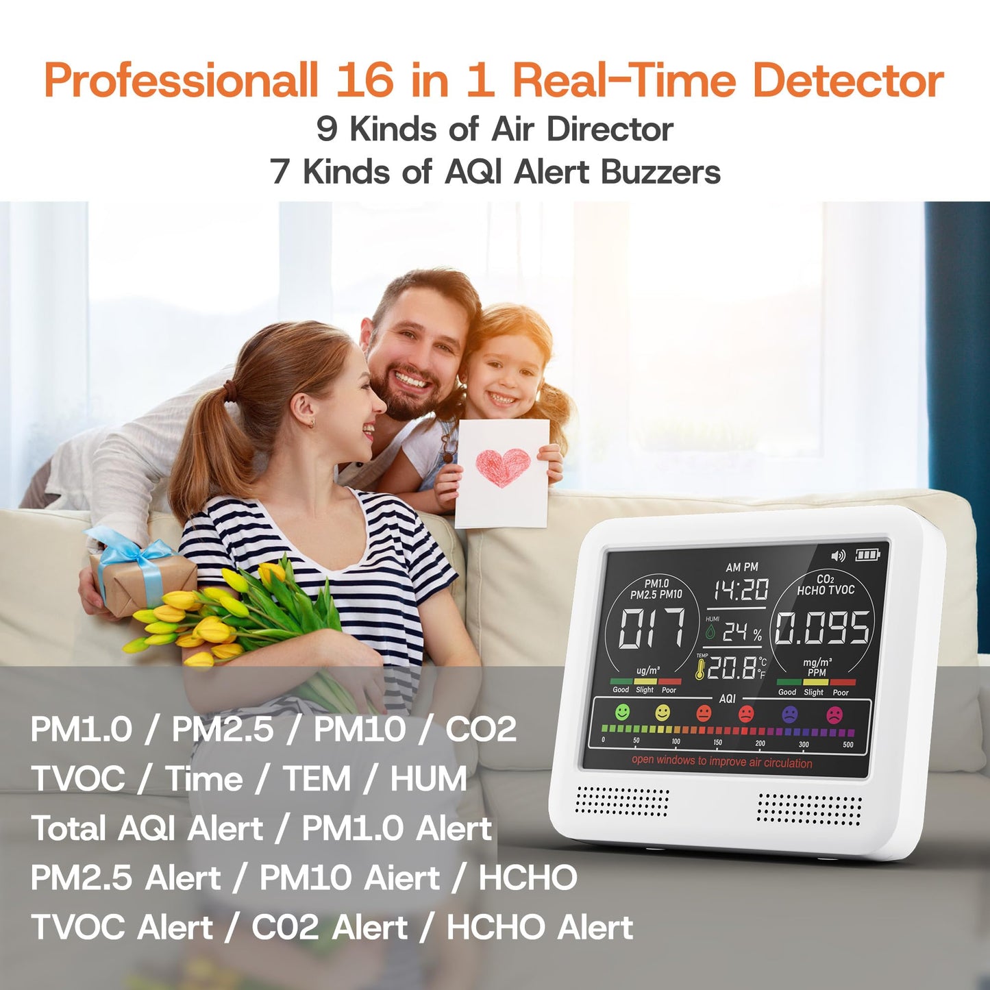 16-in-1 Indoor Air Quality Monitor with PM1.0,PM2.5,PM10,CO2,HCHO,TVOC,Temperature,Humidity,Time Display &7 AQI Alarms – Professional Air Quality Tester for Home, Office & Indoor Use (Creamy White)