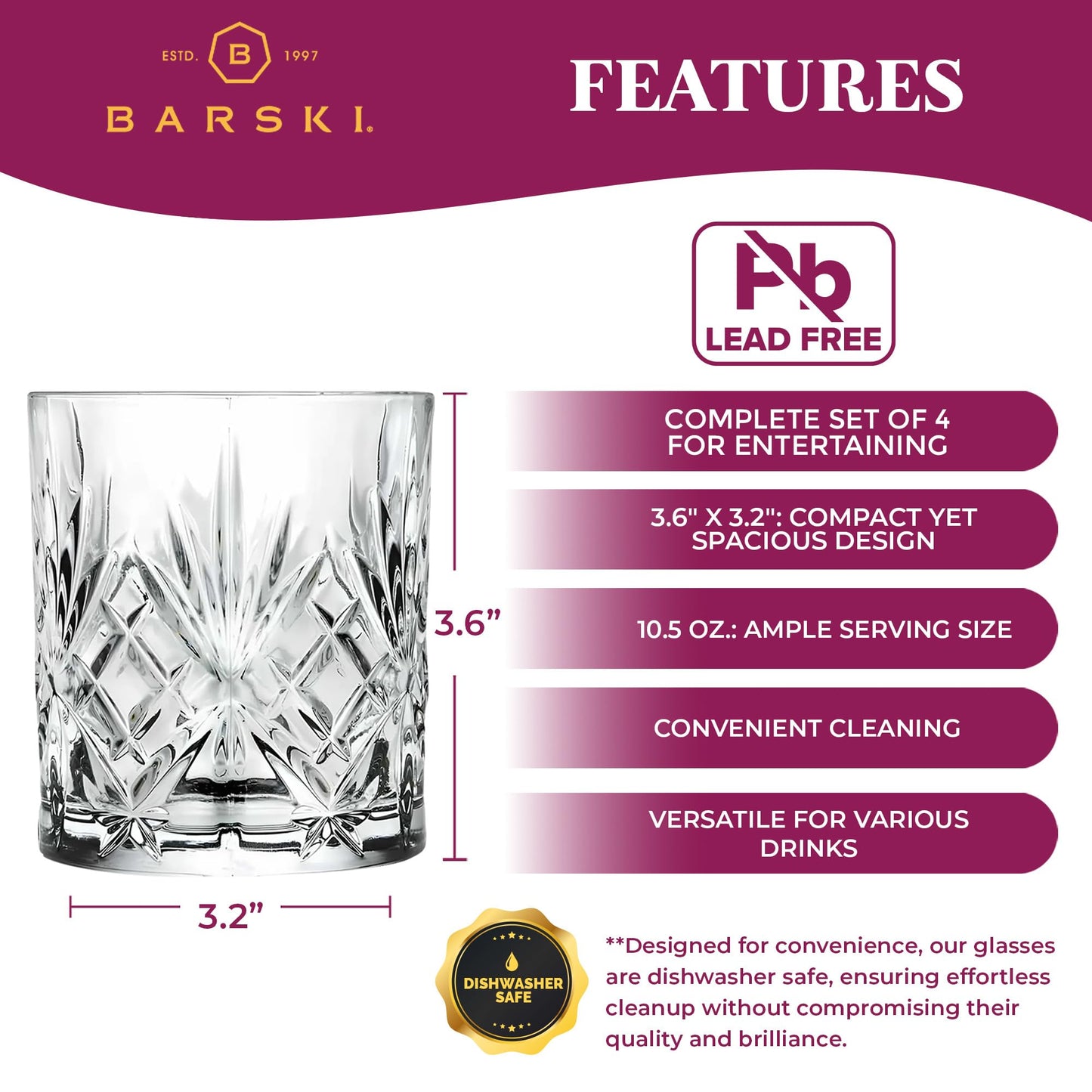 Barski Whiskey Glasses - Double Old Fashioned Rocks Glass - Set of 4 Lowball Tumbler - DOF Crystal Glass Tumblers - For Scotch - Bourbon - Water - Beverage - Drinking Glasses - 10.5 oz, Made in Europe