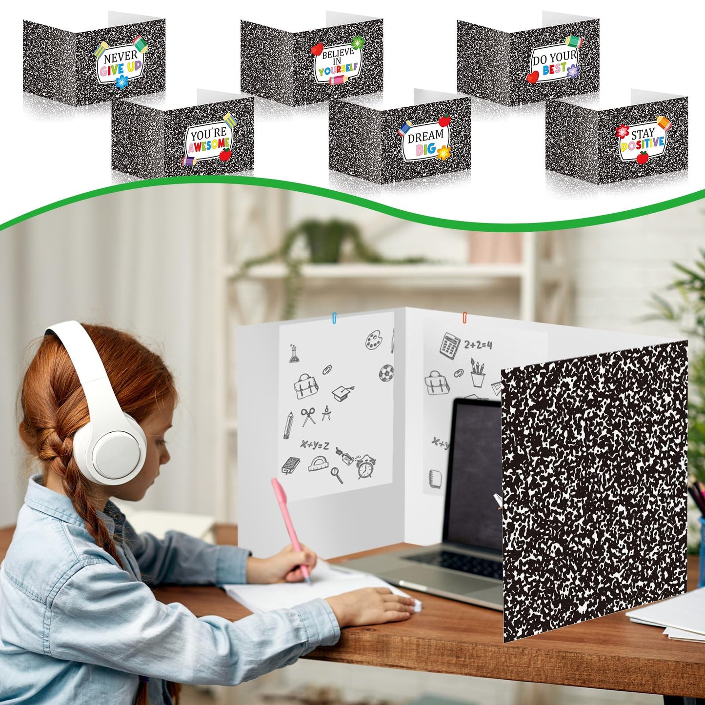 Cinrobiye 24 Pcs Composition Privacy Folders Standard for Students Cardboard Shields Test Privacy Boards Inspirational Words Desk Dividers Shield for Classroom School Study Supplies (Black)