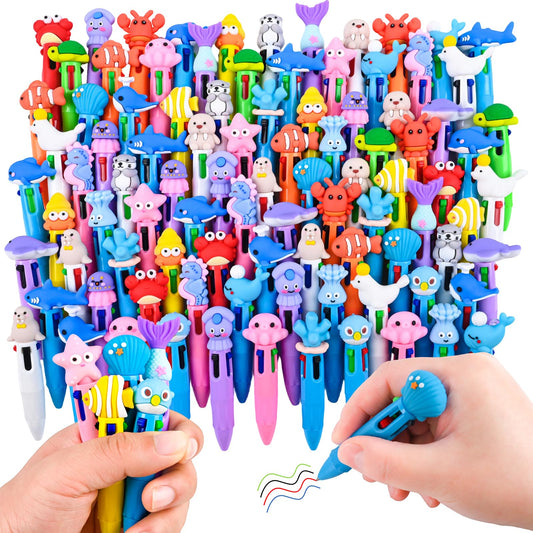 100 Pcs Under the Sea Colorful Multicolor Pen in One Cute Fun 4-in-1 Cute Pens Bulk Kawaii Dolphins, Sea Lions, Whales, Seals, Sea Turtles, Sea Fish, Corals Shapes Cool Ballpoint Pens for Fun Gifts