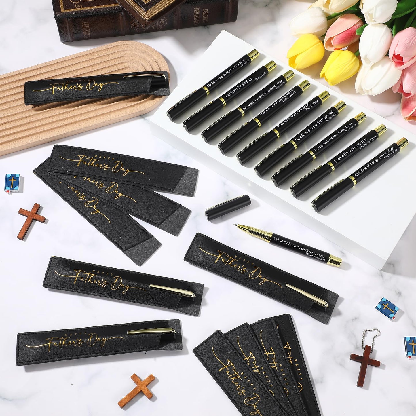 Spakon 40 Sets Father's Day Gifts Christian Pens Bible Verse Pens with Leather Pen Holder Sleeve Inspirational Quotes Religious Pen for Men Church Office Christian Faith Based Gifts