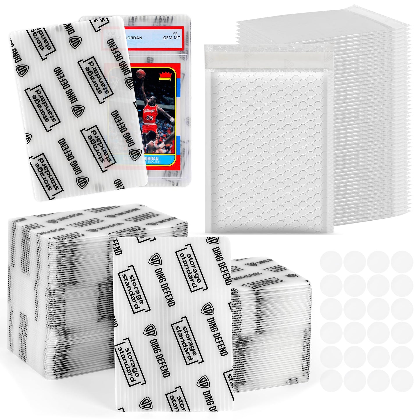 Ding Defend Card Shipping Kit Envelope Bubble Mailers - Includes 110 4’’ x 6’’ Semi-Transparent Small Padded Envelopes/Protectors, 55 Small Bubble Mailers, 240 Tape Seals for Collectible Cards & Slabs