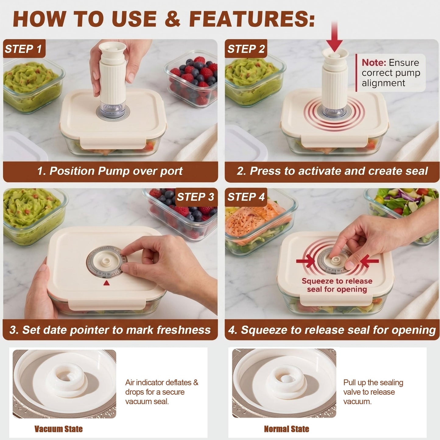 3-Piece Square Glass Vacuum Food Storage Containers Set with Hand Pump & 10 Sealer Bags, Borosilicate Airtight Meal Prep Lids with Date Tracker, Leakproof, Freezer & Microwave Safe [18/27/42 Oz]