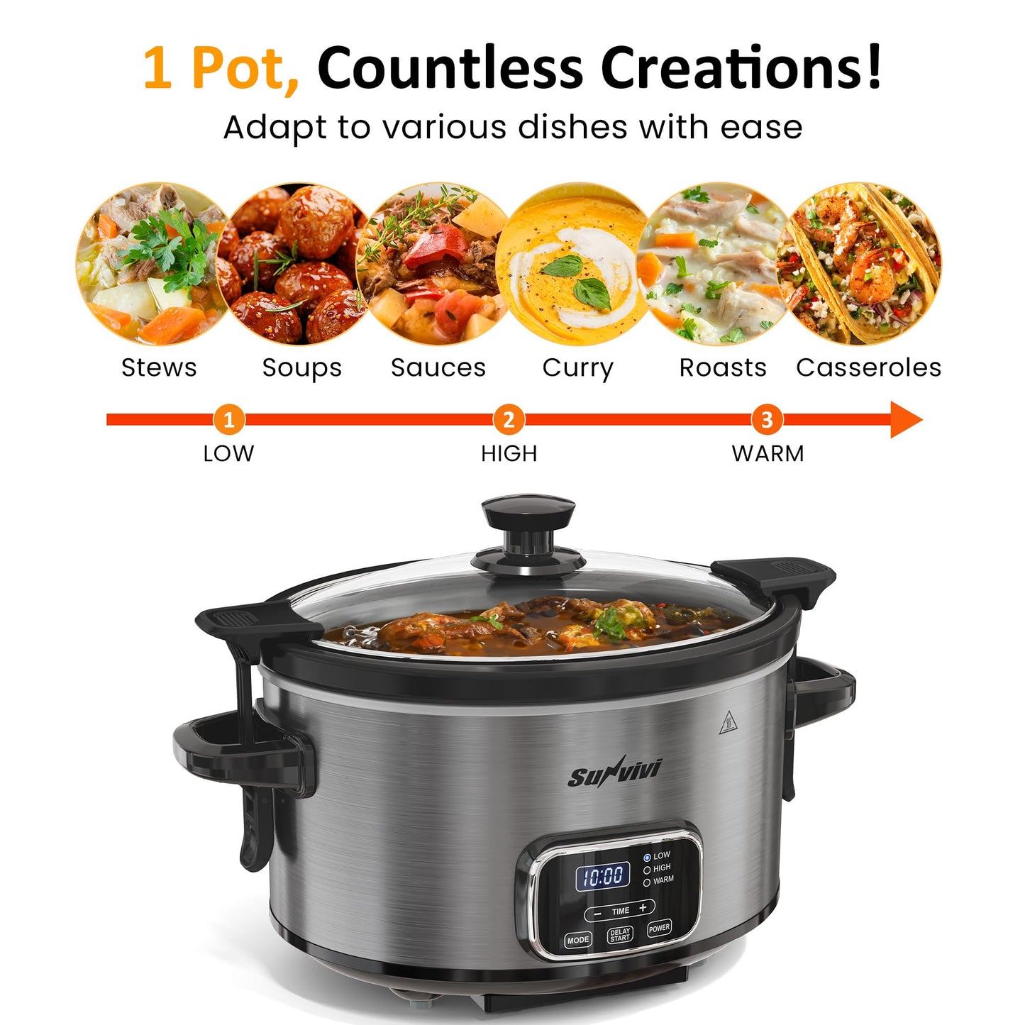 Sunvivi 4QT Slow Cooker, Programmable Pot with Locking Lid, Removable Ceramic Pot, 3 Heating Settings & Time Control,Dishwasher-safe Lid, Grey