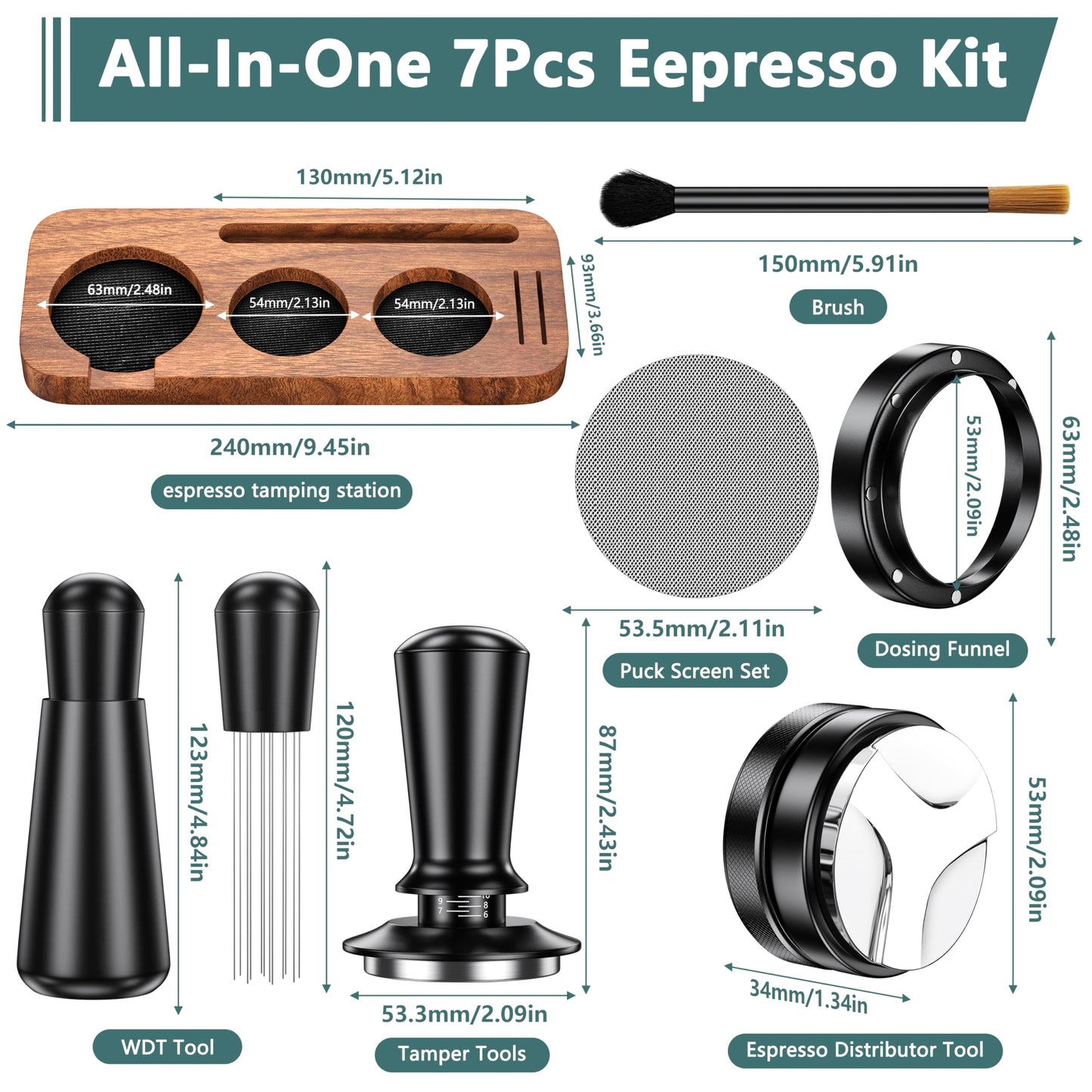 7 Pack Espresso Accessories Kit,54mm Espresso Tool Kit | Espresso Tamping Station | Coffee Distributor Tamper | WDT Tool | Dosing Funnel | Expresso Puck Screen | Christmas Gift for Espresso Lovers