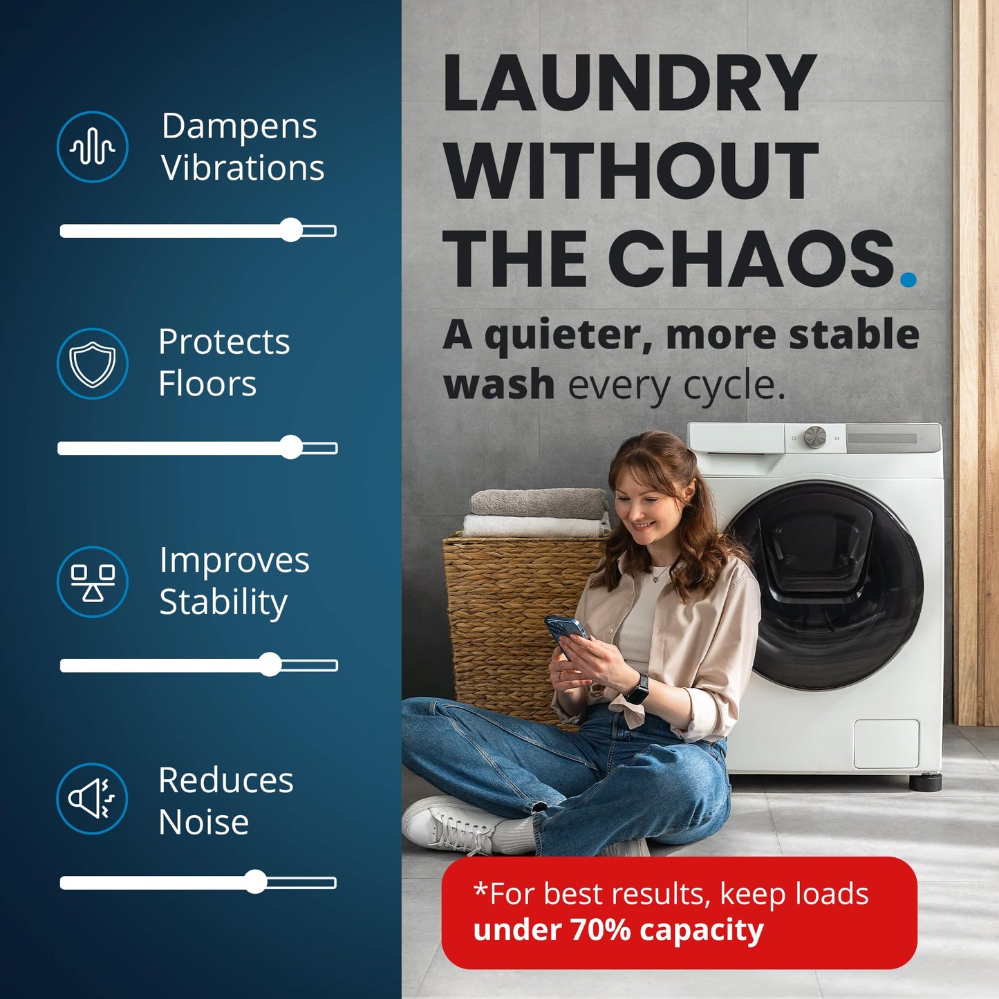 Anti Vibration Pads for Washing Machine with Tank Tread Grip - 8 Pack + Level - Fits MOST Round Feet up to 1.75” - Stops Washer Dryer from Moving - Rubber Antivibration Stabilizer for Leveling Washer