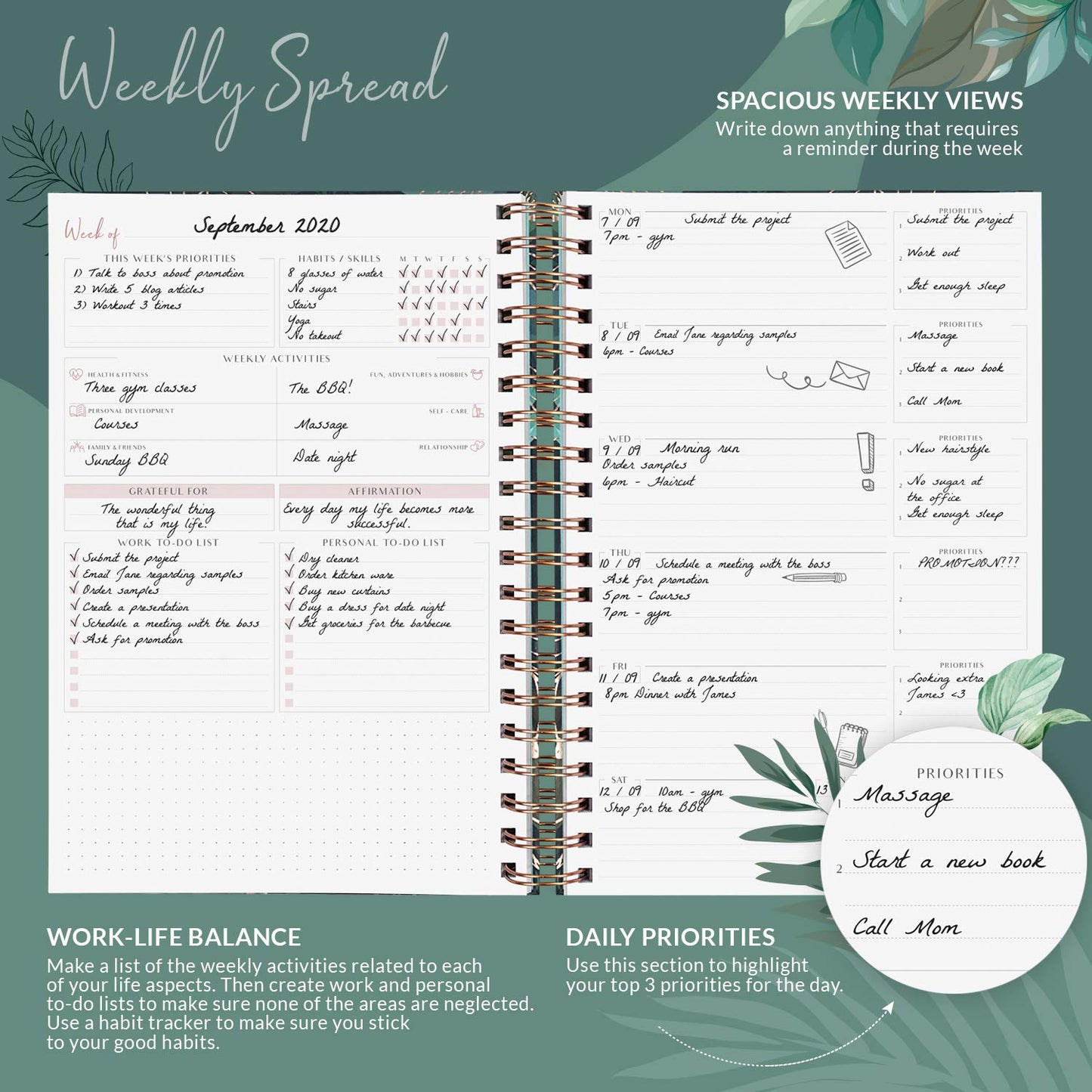 PLANBERRY Large Weekly Planner Premium – Undated Life & Budget Planner – Organizer & Productivity Journal, 8x10.4″ (Green Pastures)