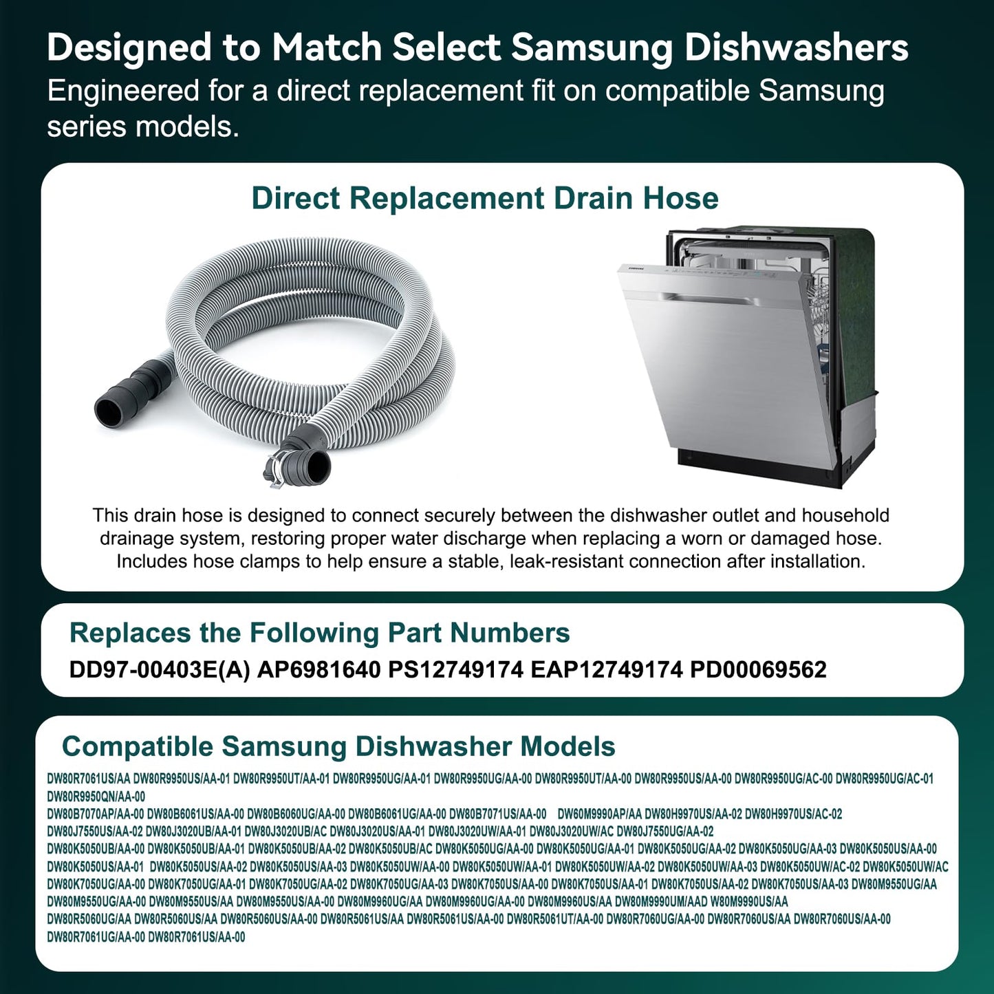 OEM DD97-00403E(A) Dishwasher Drain Hose (7.25ft) - Compatible With Samsung Dishwasher Parts Replacement AP6981640 PS12749174 EAP12749174 PD00069562