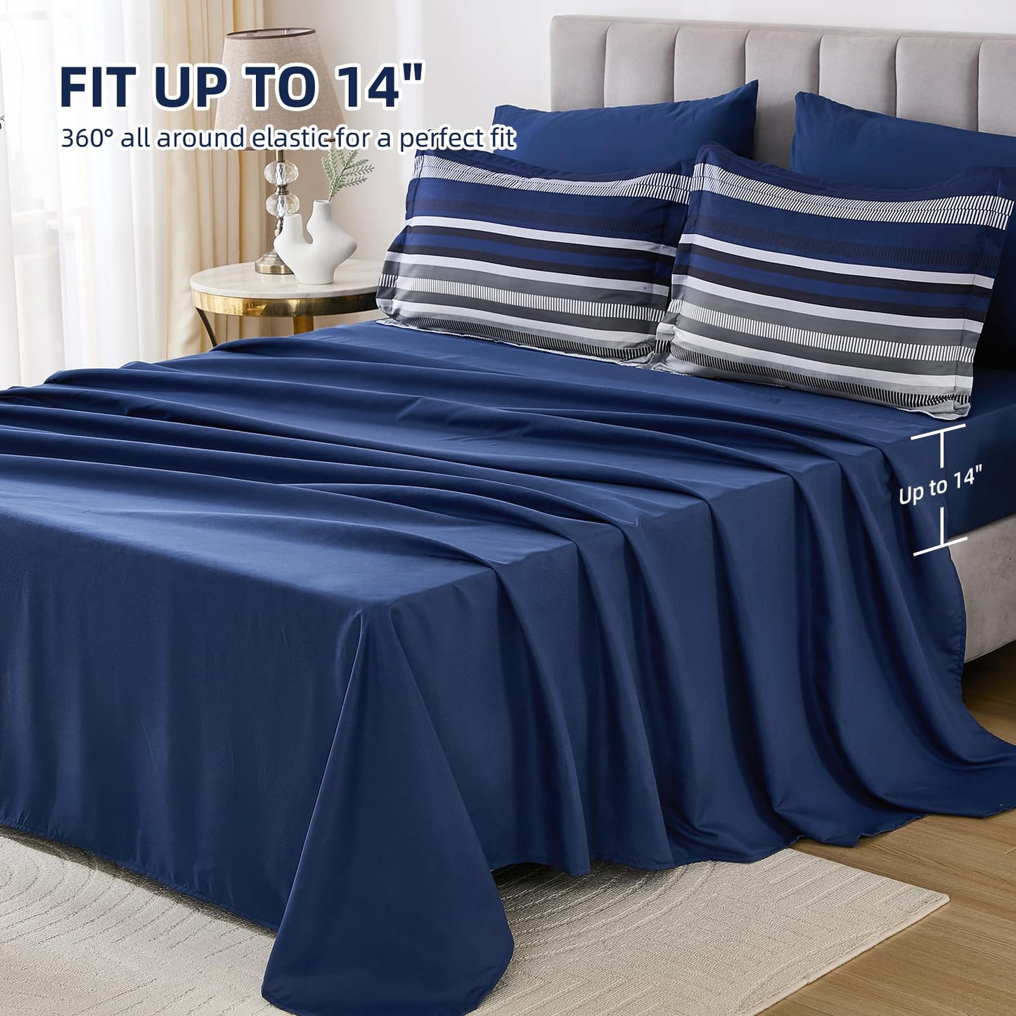 Dobuyly Navy Blue Comforter Full Size Set 7 Pieces, Boho Striped Bed in a Bag Full Soft Microfiber All Season Bedding Set with Comforter, Sheets, Pillowcases & Shams