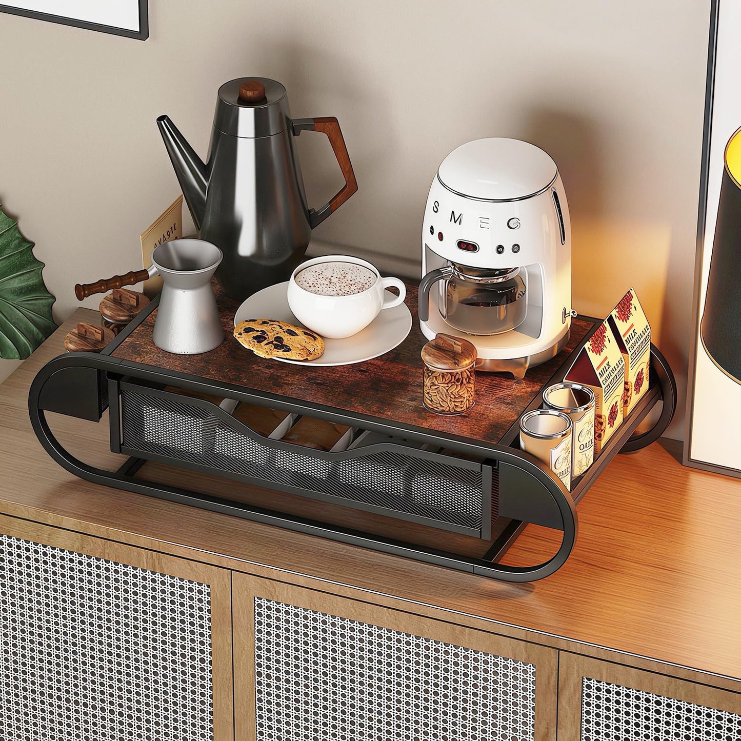 SANRETAHO Coffee Pod Holder with Drawer, Wooden Coffee Station Organizer for Countertop, K Cup Storage Rack and Kitchen Organizer, Rustic Brown