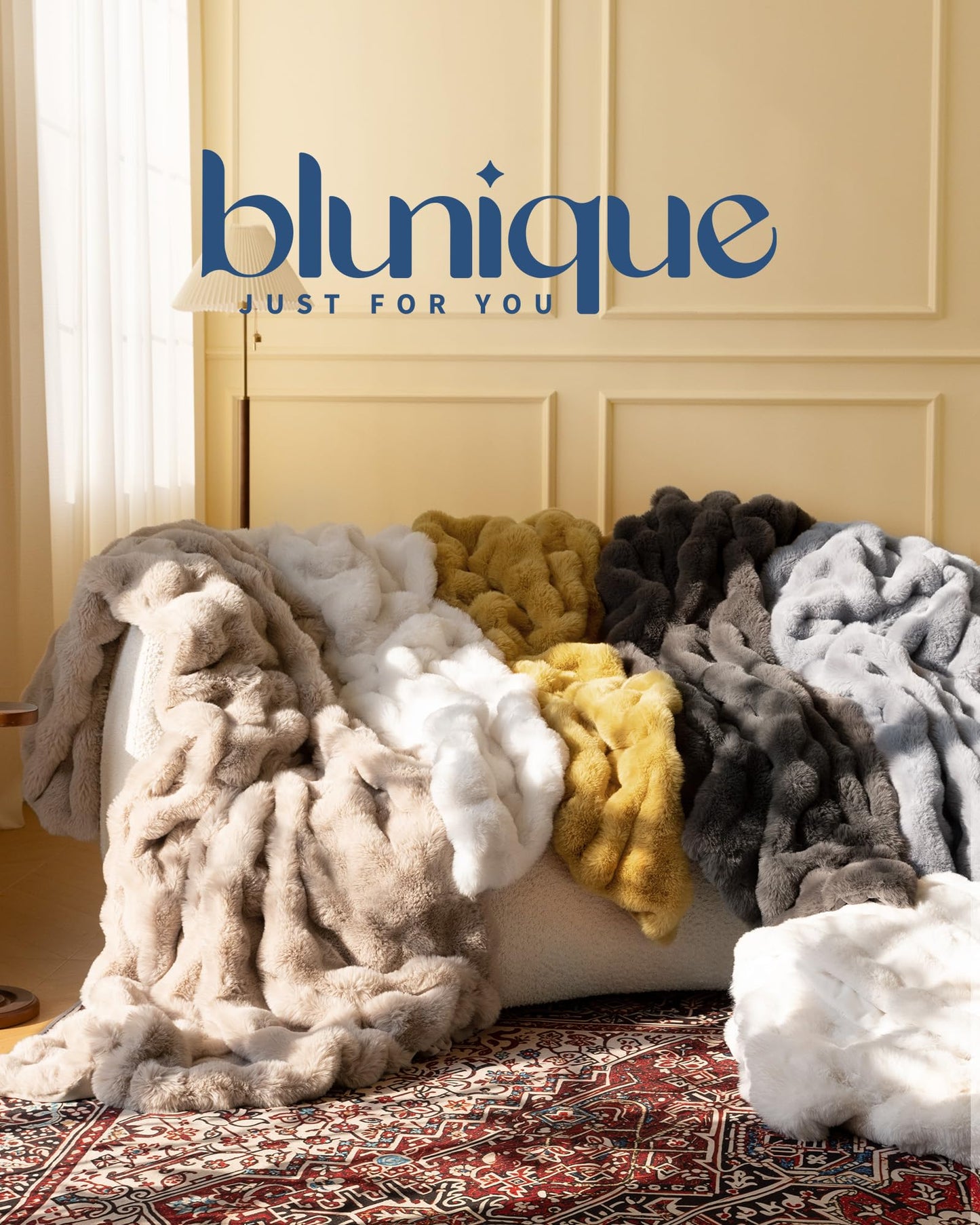 blunique Ultra Soft Cozy Faux Fur Throw Blanket, Fuzzy Plush Thick Bubble Blanket, Oversize Luxury Fluffy Blanket for Couch, Sofa, Bedroom, and Living Room, 50x60 Inches, Light Brown