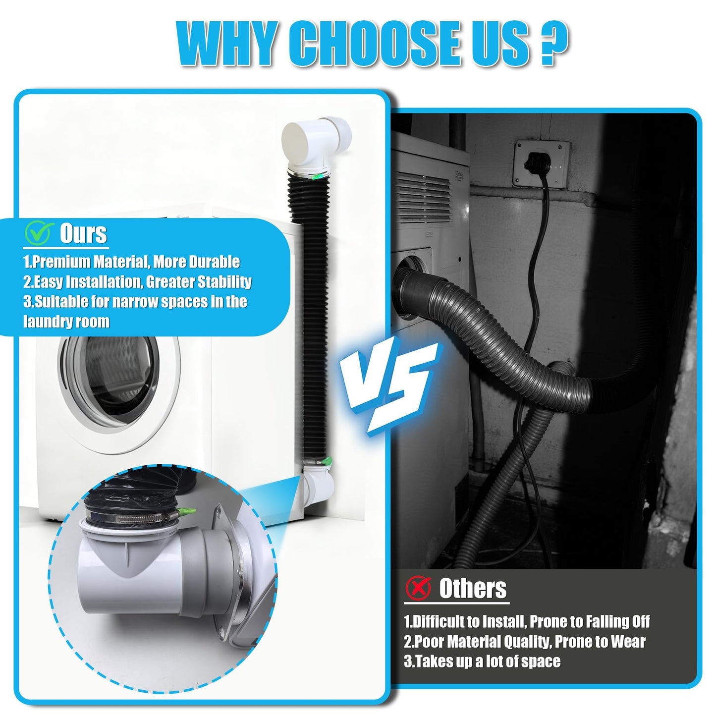 Upgrade Dryer Vent Hose for Tight Space, Dryer Vent Hose Kit, 90 Degree Dryer Vent Elbow with Dual Silicone Seal Connector, Dryer Cleaning Kit, High Sealability, Dryer Vent Vacuum Hose Attachment