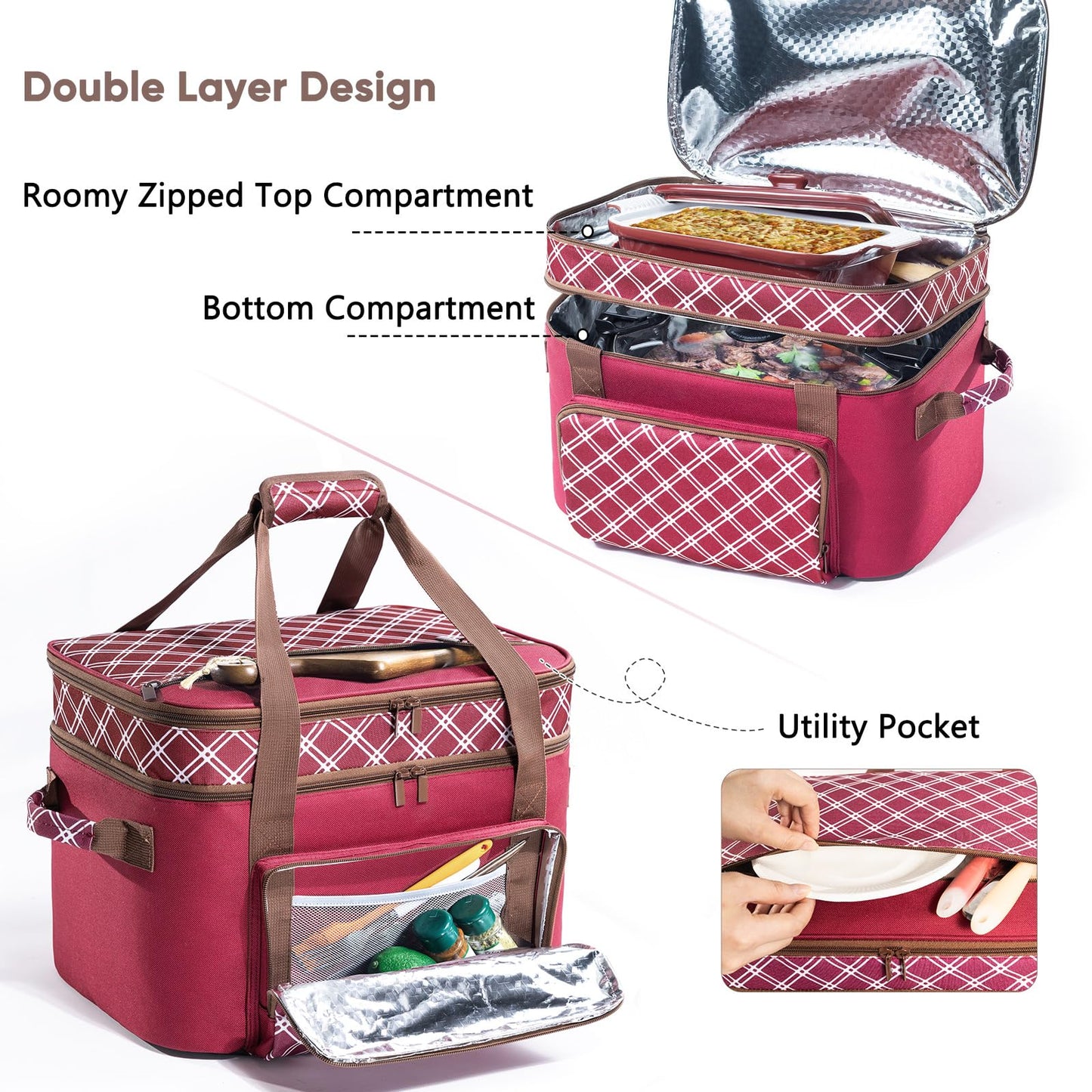 Double Layer Slow Cooker Carrier Bag – Fits 6–8 Qt Oval Slow Cooker Compatible with CrockPot & Hamilton Beach | Insulated Travel Tote with Utensil Storage & Adjustable Straps