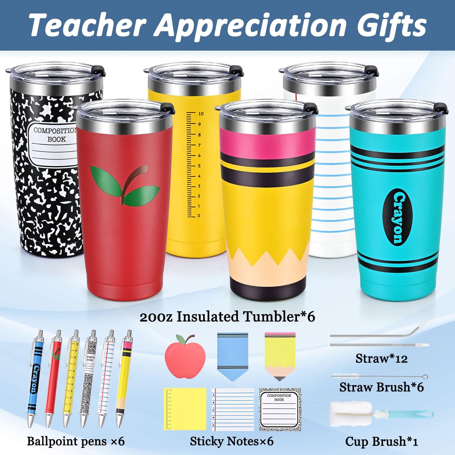 Qtencas Teacher Appreciation Gifts in Bulk, 20oz Insulated Tumblers with Sticky Notes and Ballpoint Pens, Thank You Teacher Appreciation Week Gifts