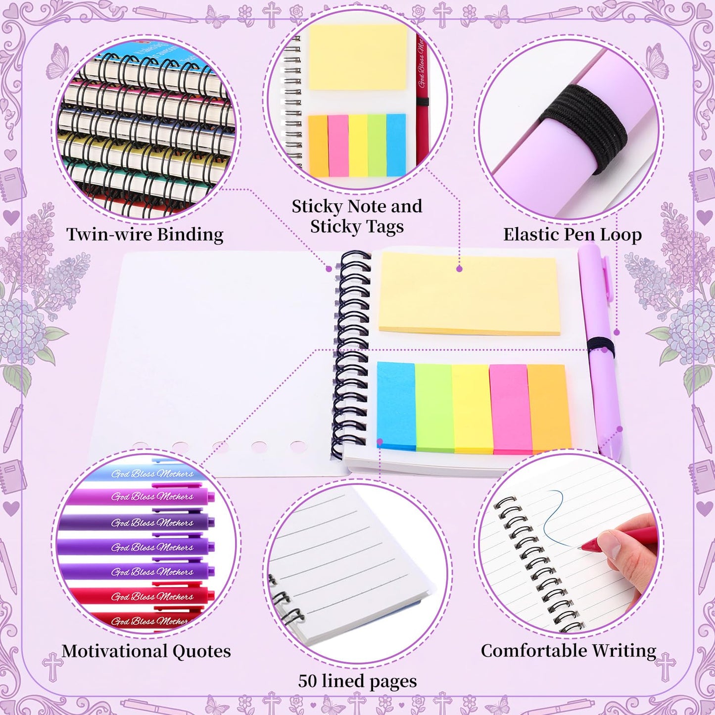 FunooFuno 24 Sets Mother's Day Christian Gifts Bulk Bible Verse Spiral Notebooks with Sticky Note Religious Ballpoint Pens Prayer Journal Church Gifts for Mamas Mom Women Mother's Day
