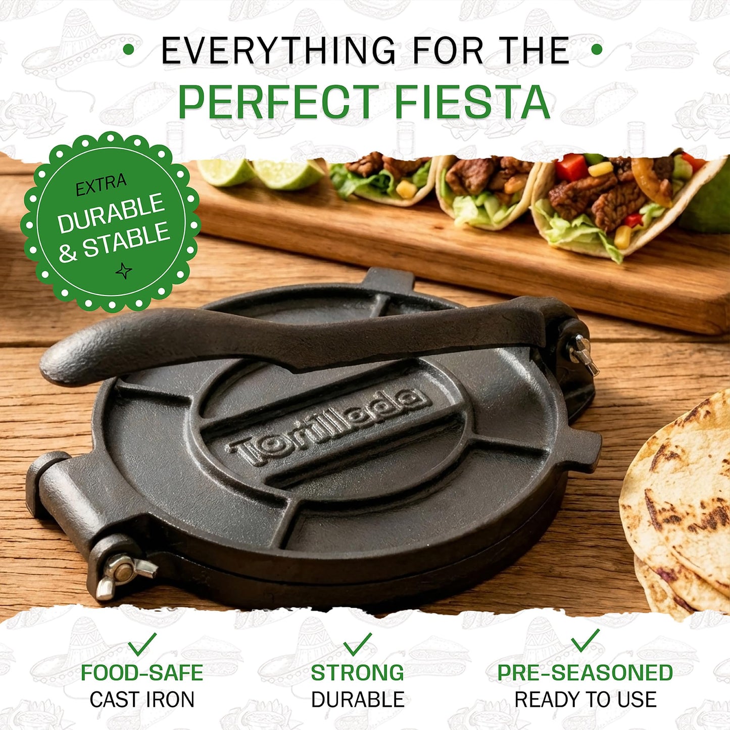 Tortillada – Premium Tortilla Press Cast Iron with Recipes E-Book (10 Inch)