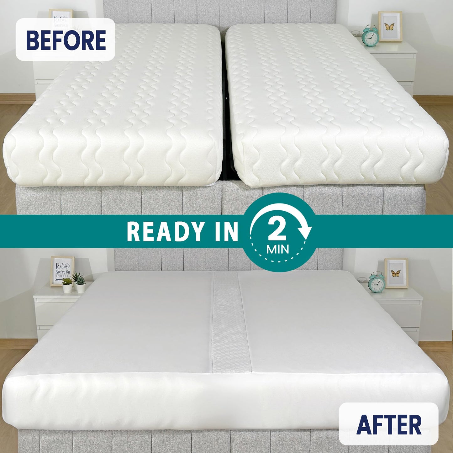 EPHEDORA 3-in-1 Fitted Sheet Attached Bed Bridge Twin (XL) to King Converter Kit with Sheet Strap Set | Split King Gap Filler for Adjustable Bed | White