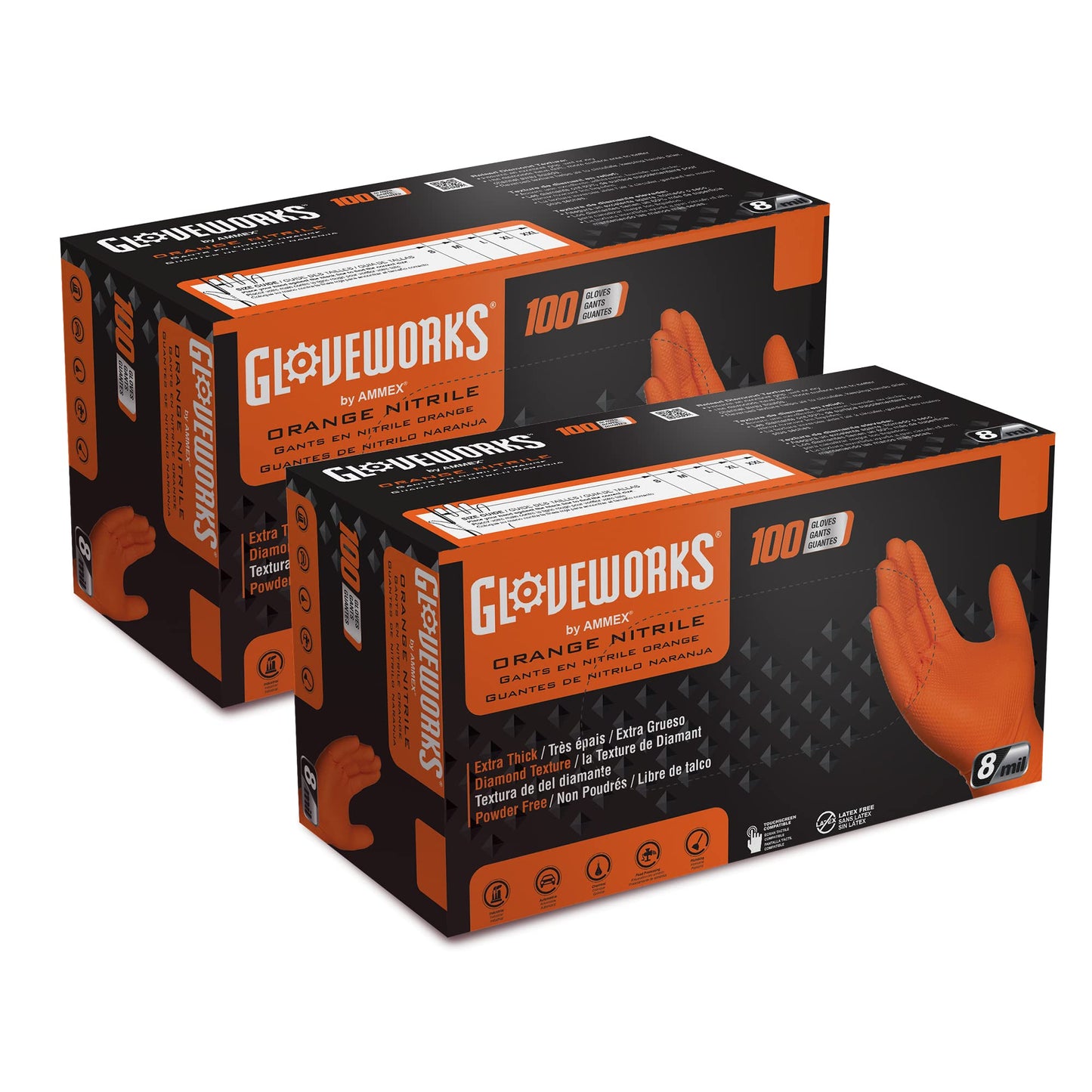 GLOVEWORKS 8 Mil Orange Nitrile Disposable Gloves Heavy Duty Industrial RDT for Mechanic and Automotive, Large 2 Boxes of 100