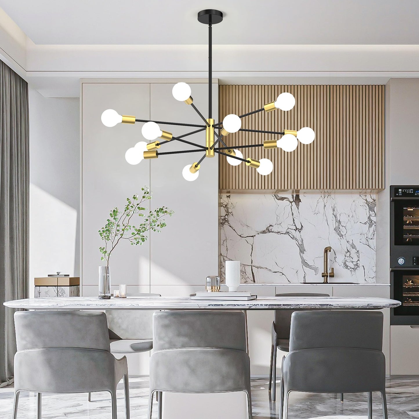 Phaosio Sputnik Chandelier 12-Light, Mid Century Modern Height Adjustable Ceiling Light Fixture for Dining Room, Kitchen Island, Living Room,Bedroom-Black and Gold