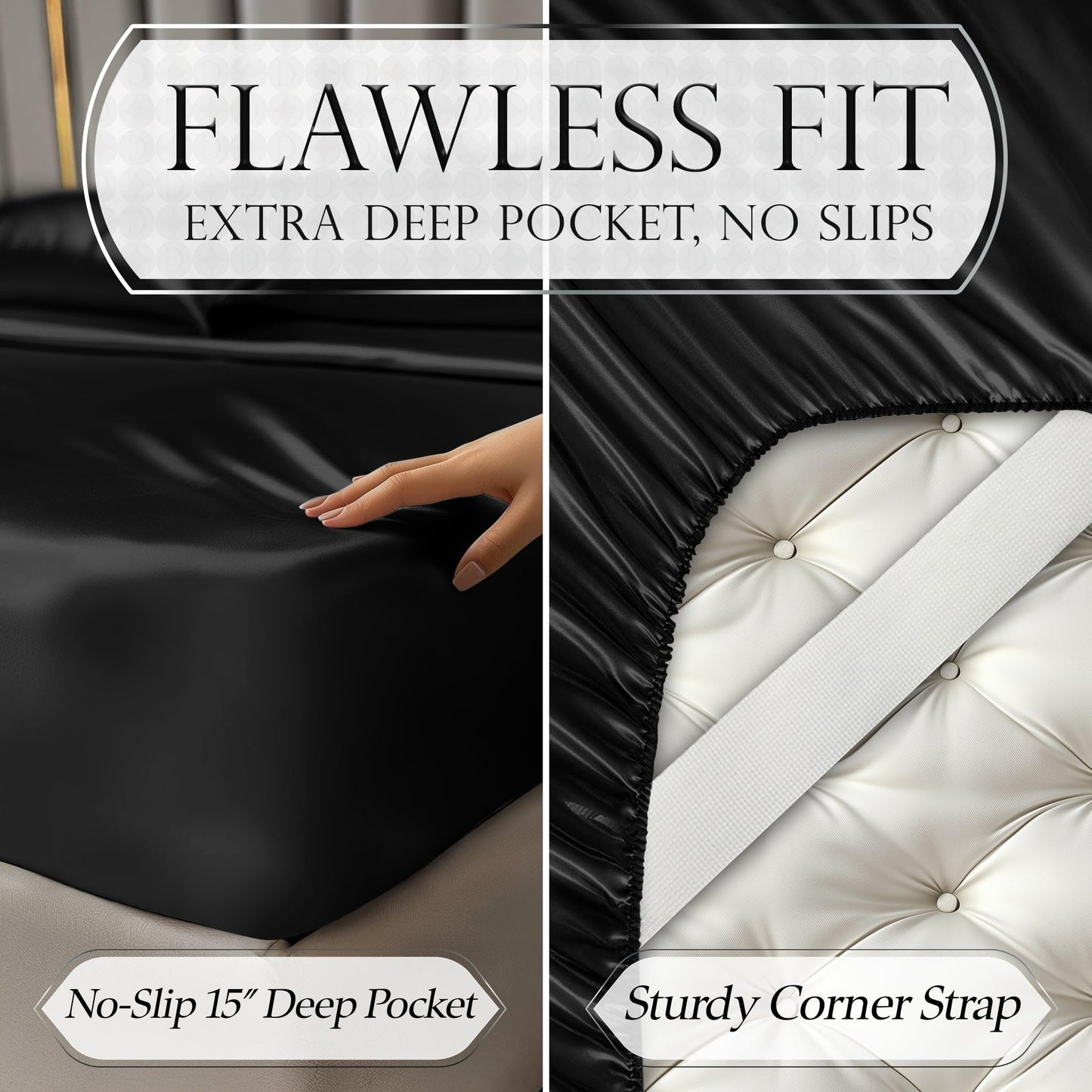 DECOLURE Satin Bed Sheets - 4 Piece Luxury Silky Queen Size Bedding Set - Softer Than Silk, Wrinkle-Free with 15” Deep Pocket Fitted Sheet, Perfect for Hair & Skin, Gifts for Women (Black)
