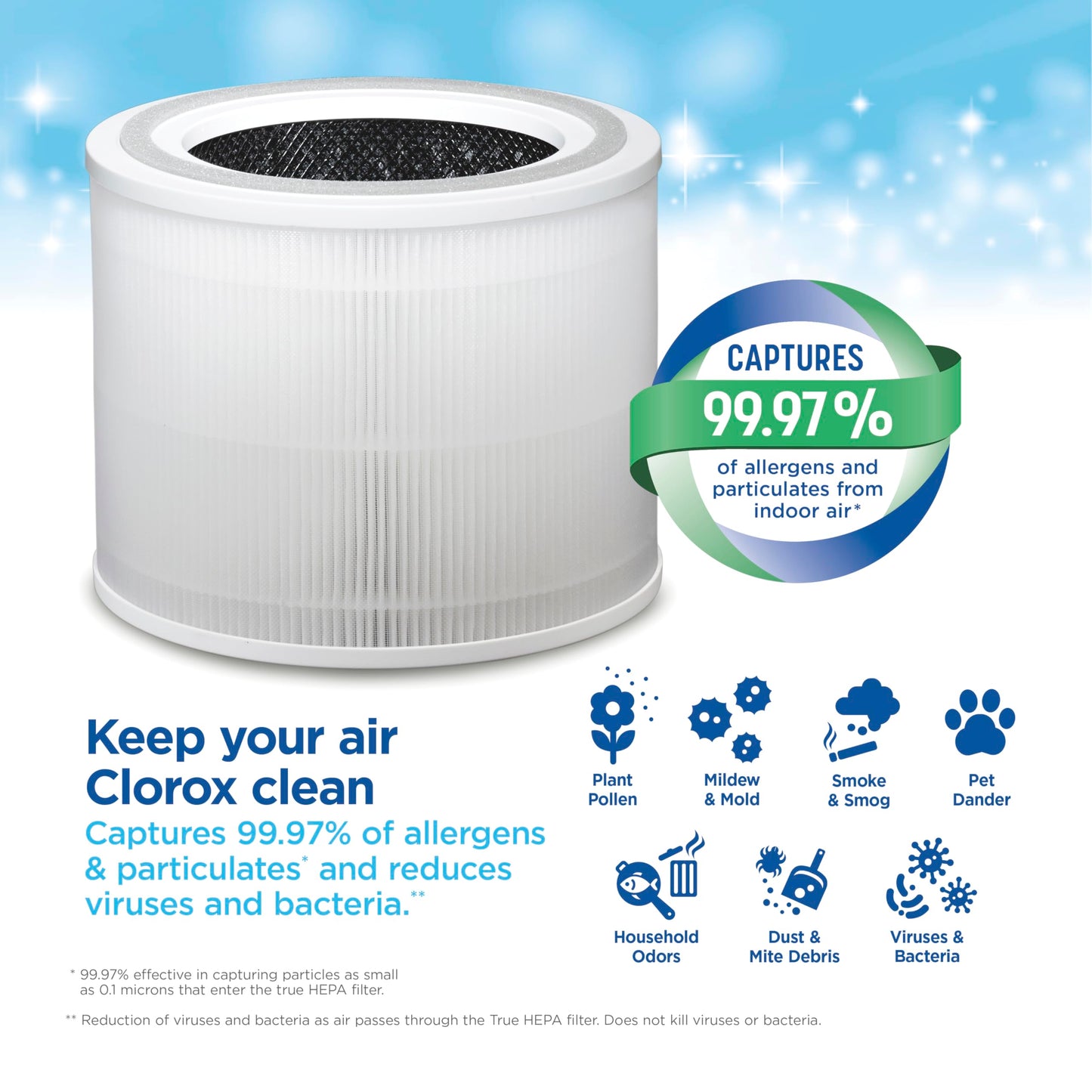 Clorox Medium Room Air Purifier True HEPA Replacement Filter, 1,000 Sq. Ft. Capacity, Reduces 99.97% of Allergens up to 0.1 Micron, Compatible with 11070, 1 Count (12070)