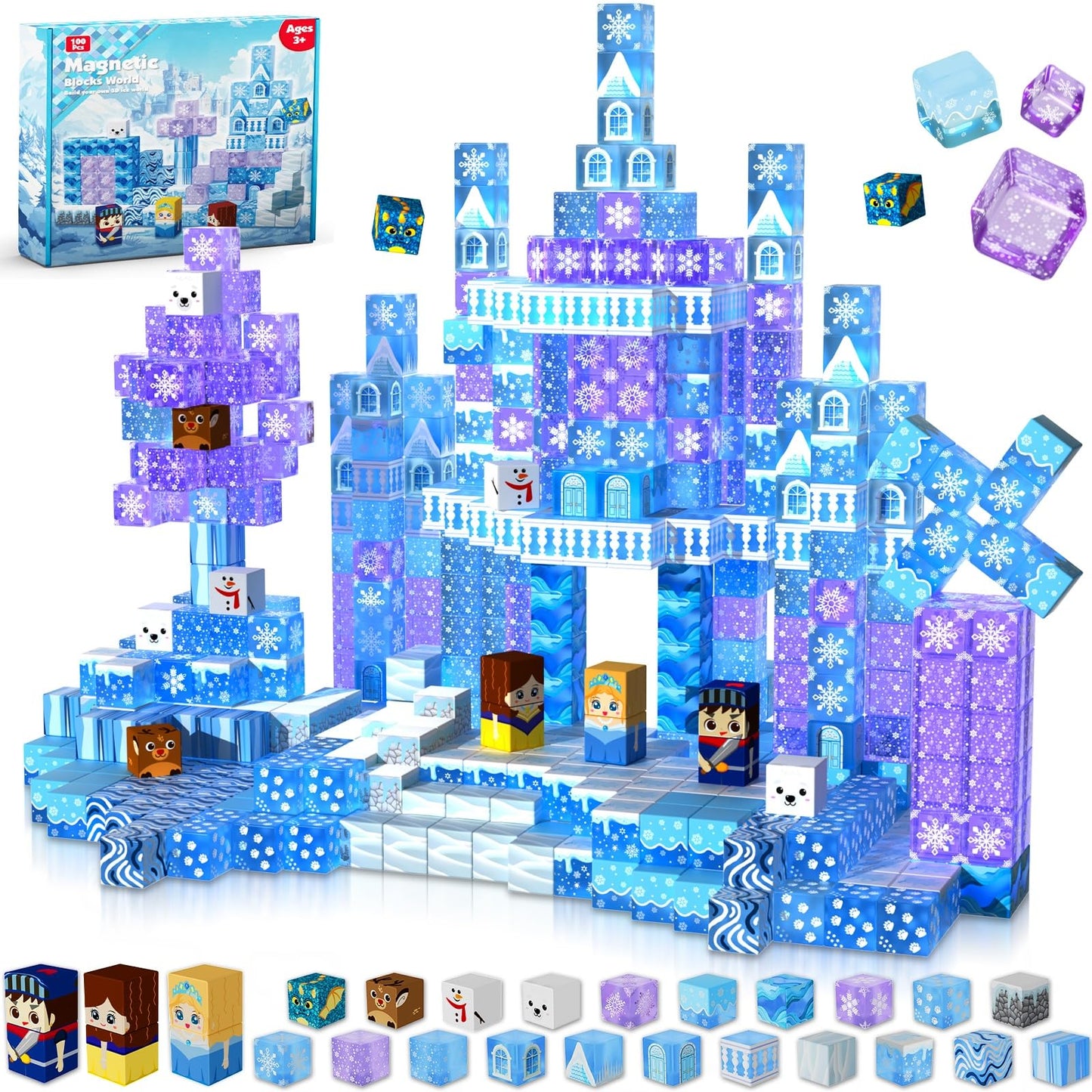 Magnetic Blocks - 100Pcs 0.8in Magnetic Building Block for Kids Ages 4-8, Transparent Magnet Block for Blue Princess Castle Build, Magnet Cubes Tiles Princess Toy for Girl 3 4 5 6 7 8-12 Birthday Gift