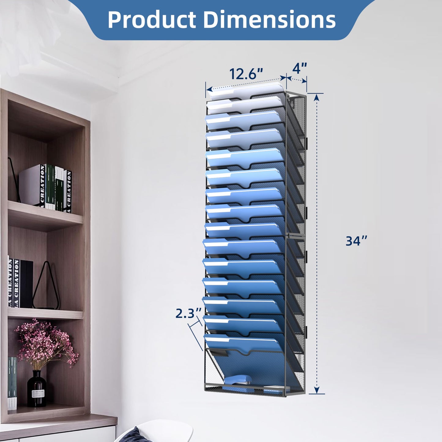 DALTACK Wall File Holder 16 Tier Hanging Wall File Organizer, for Papers Mails Folders Clipboard Magazine Organization for Office Home School Classroom, Mesh Metal, Assembly Needed, Black