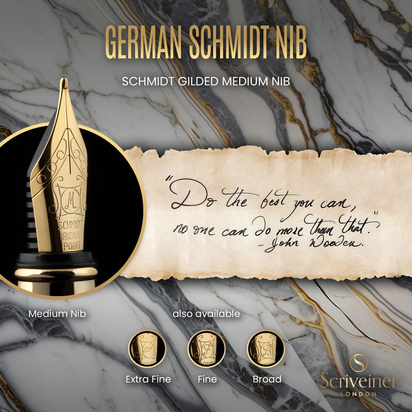 Scriveiner Silver Chrome Fountain Pen - Stunning Luxury Pen, Real Gold Finish Schmidt Gilded Nib (Medium), Best Pen Gift Set for Men & Women, Professional, Executive Office, Nice Pens