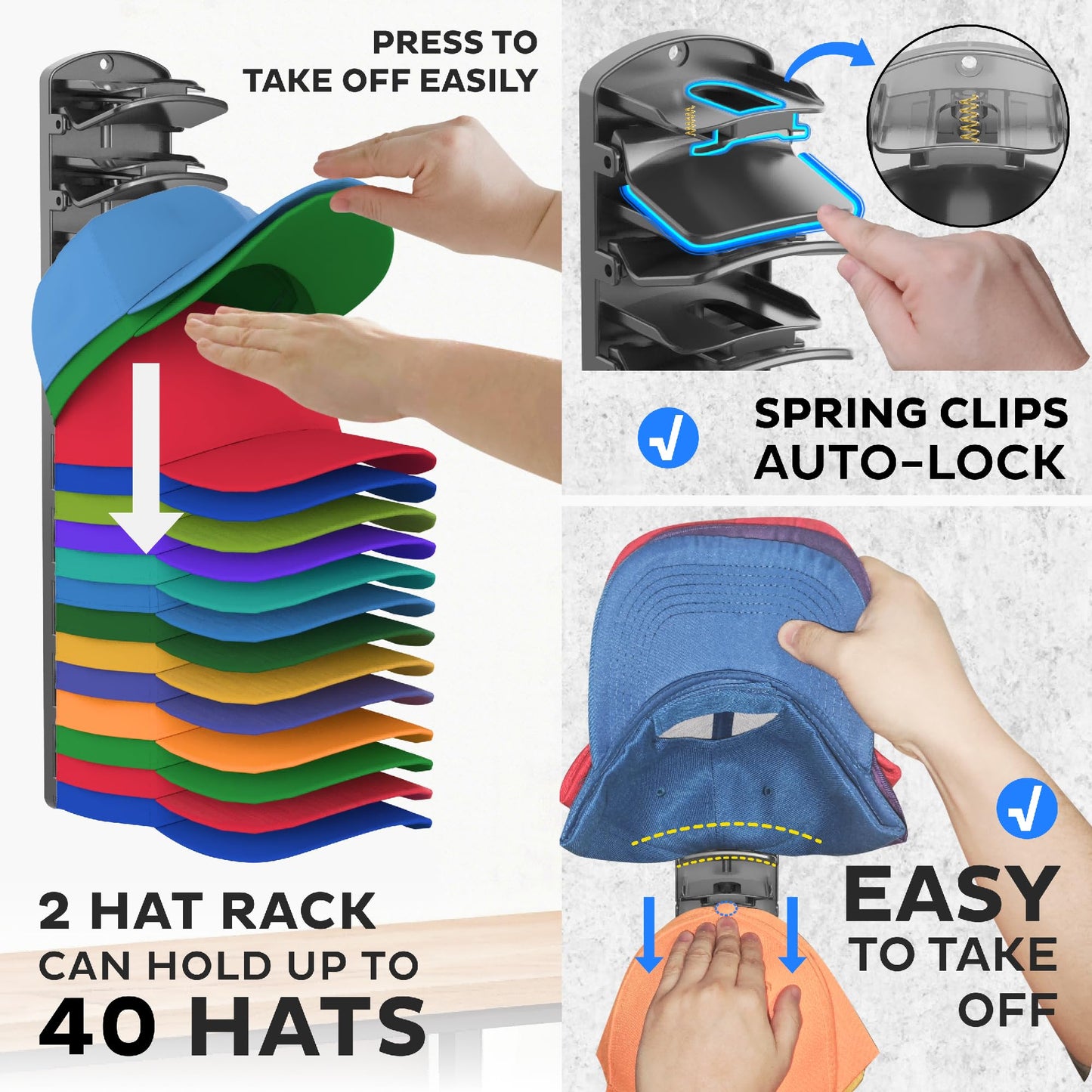 genicuts Double Capacity Hat Organizer for Baseball Caps 2 Packs - 40 Cap Storage with Spring Clips, Wall Mount Closet & Door Hat Rack Holder Hanging(Strong Adhesive & Screws) Matte Black