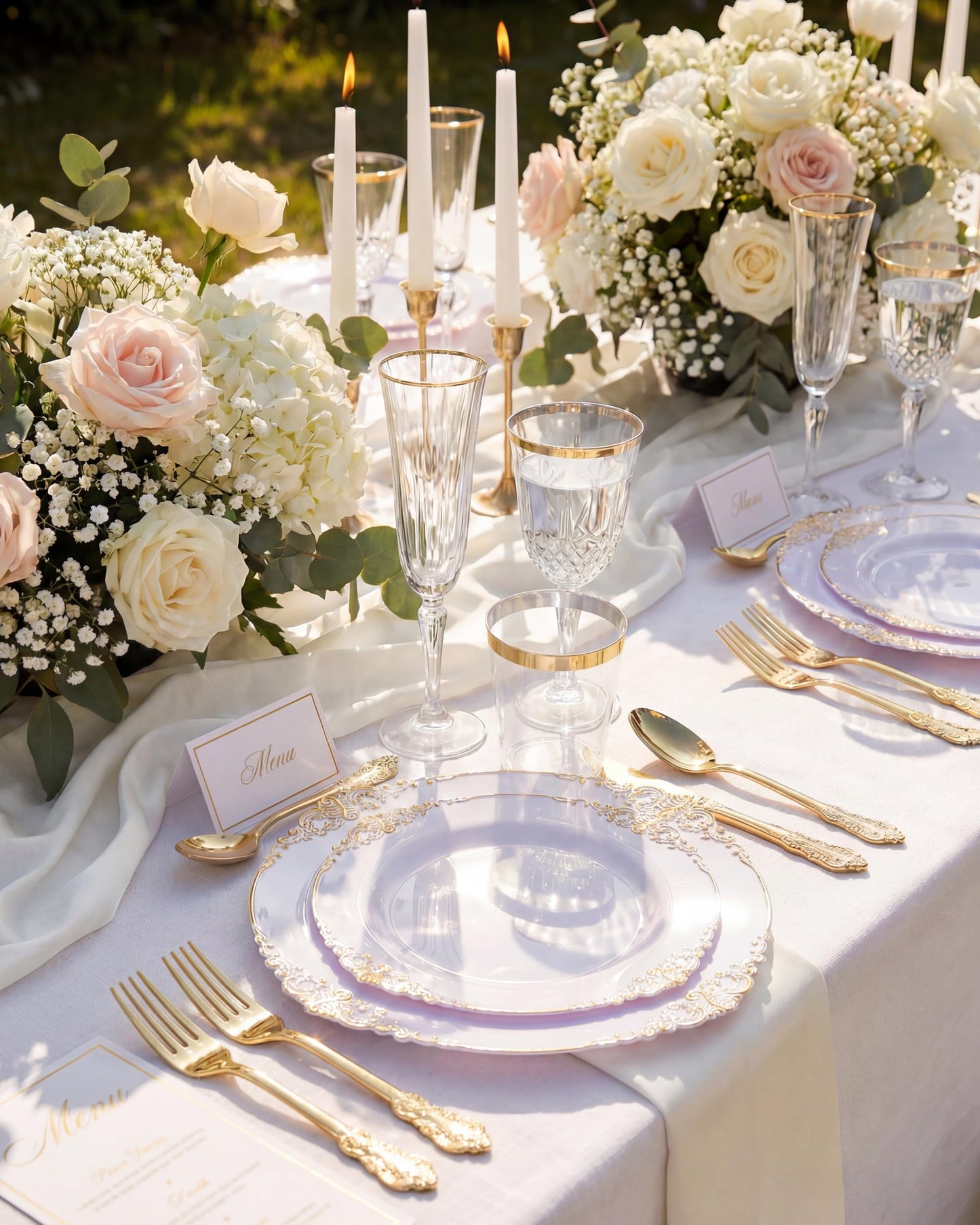 Nervure 350PCS Gold Plastic Dinnerware - White and Gold Disposable Plates for 50 Guests - 100 White Disposable Plates, 150 Plastic Silverware, 50 Cups, 50 Napkins for Wedding & Party & Graduation