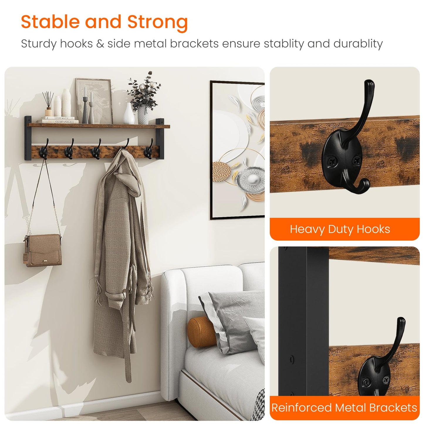 Homode Coat Rack with Wall Mount, 24 Inch Long Entryway Wall Shelf with Hooks, Wood Hanger with Storage Shelf for Bathroom, Hallway, Rustic Brown Black