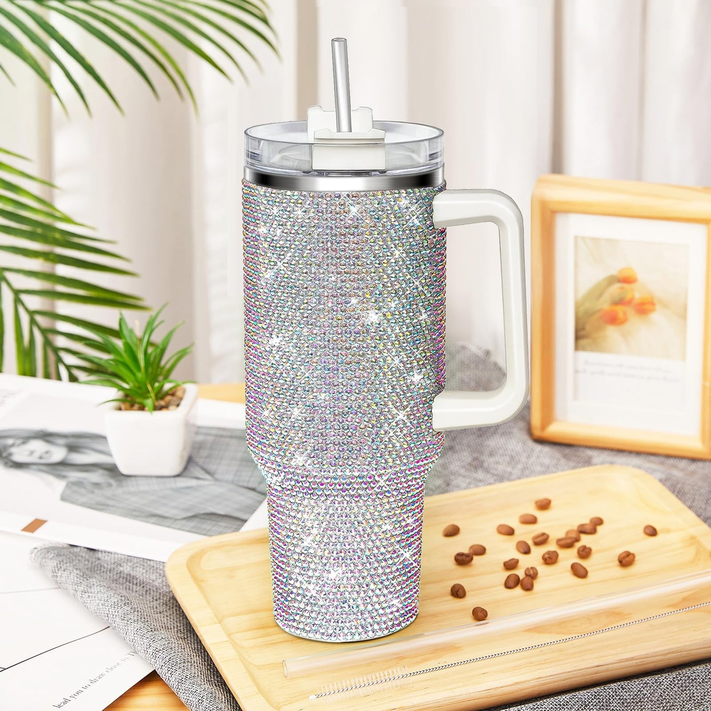 HWISDMIG 40oz Tumbler with Handle-Glitter Rhinestones Tumbler Bling Cups Stainless Steel Water Bottle Diamond Studded Tumbler for Women-Birthday Gifts for Women, Mom, Wife, Girlfriend (40 oz, Shiny)