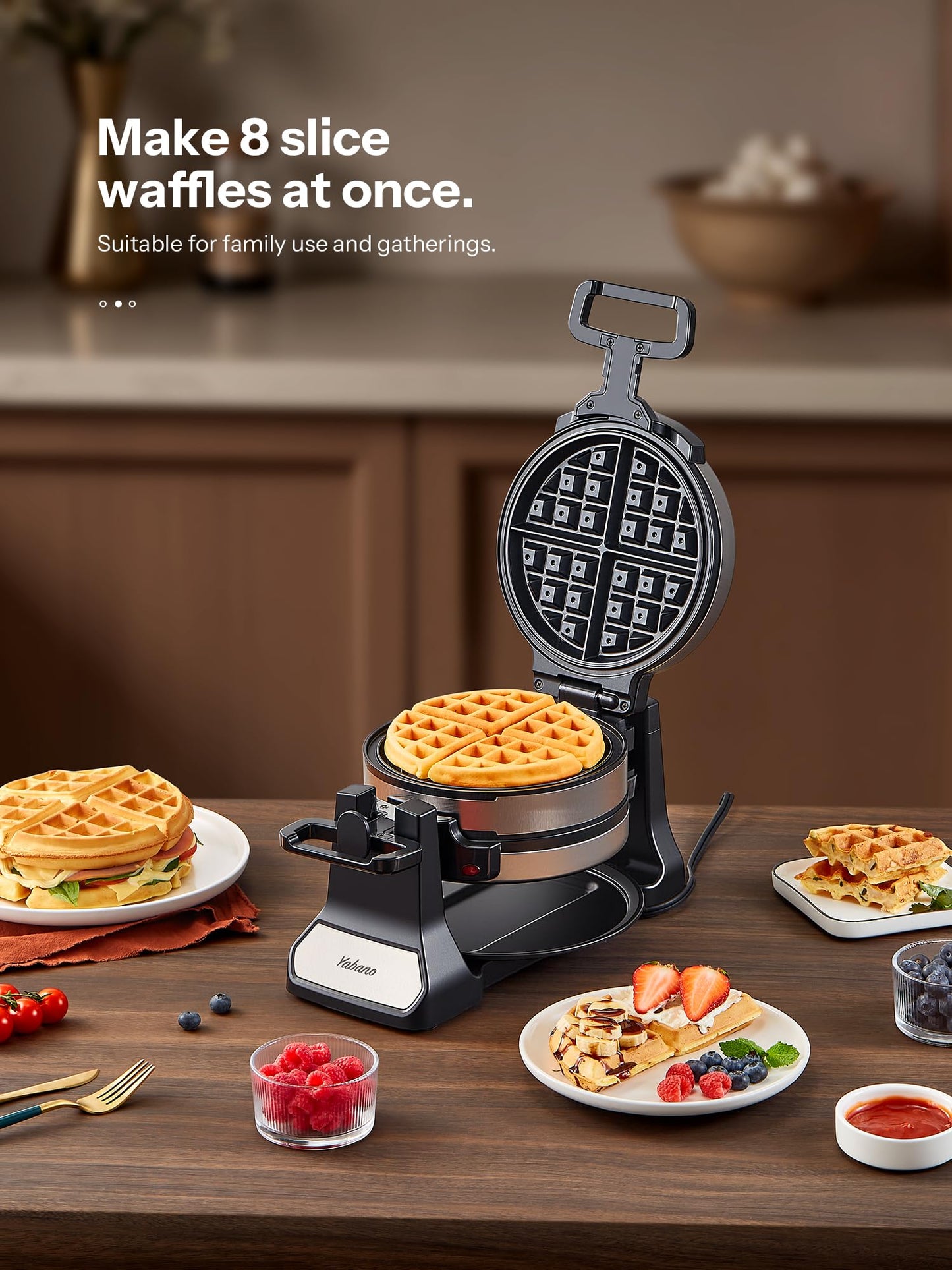 Belgian Waffle Maker, Classic Rotating Waffle Iron with Nonstick Plates, Removable Drip Tray and Cool Touch Handles, Double Flip Waffle, Rotating Belgium Waflera Maker by Yabano, Brushed Stainless