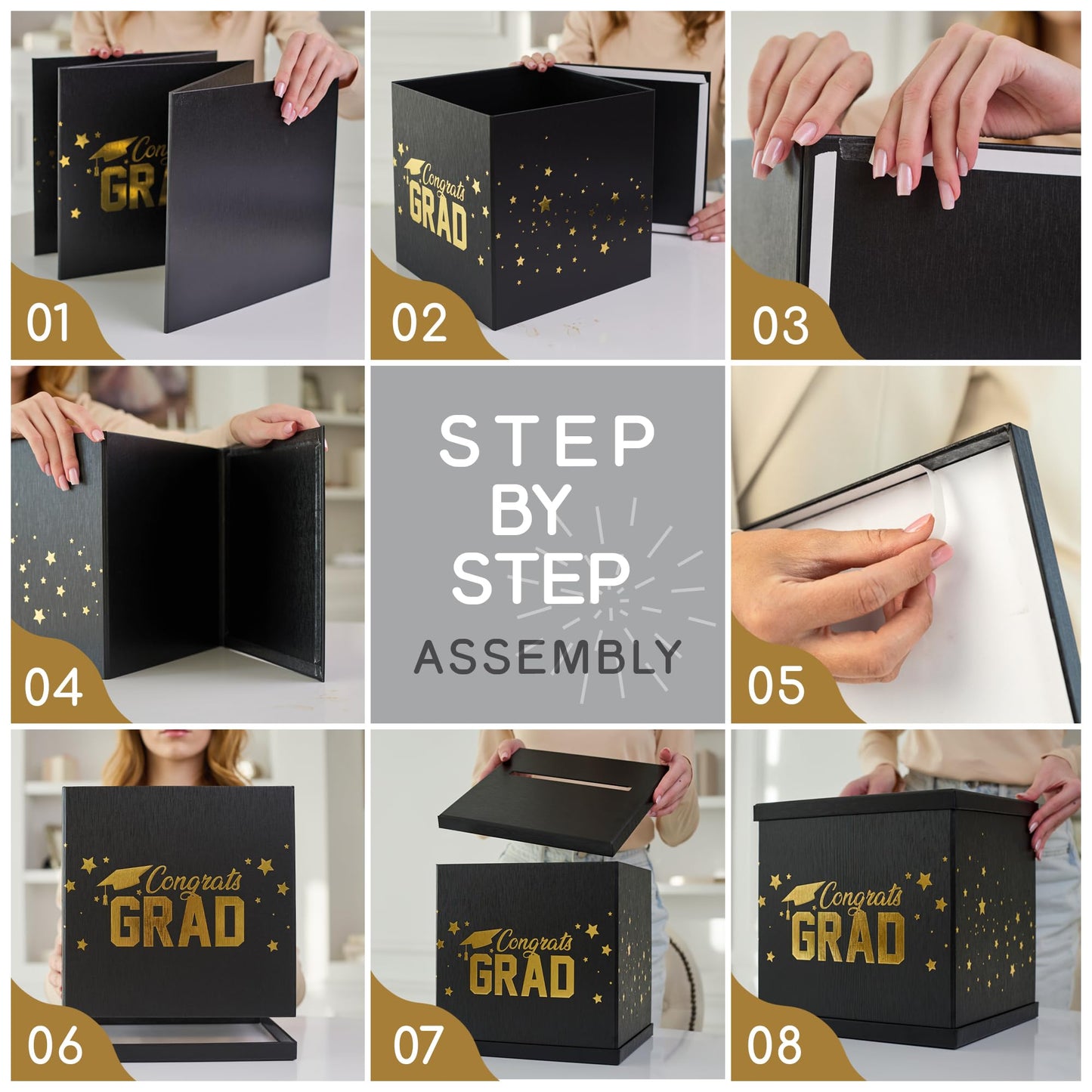 Black & Gold Graduation Card Box, Large 10”x10” Black Congrats Grad Gift Card Box Holder, Grad Party Favors, Envelope Money Basket, College Graduation Decorations 2026, Party Decor, Table Centerpiece