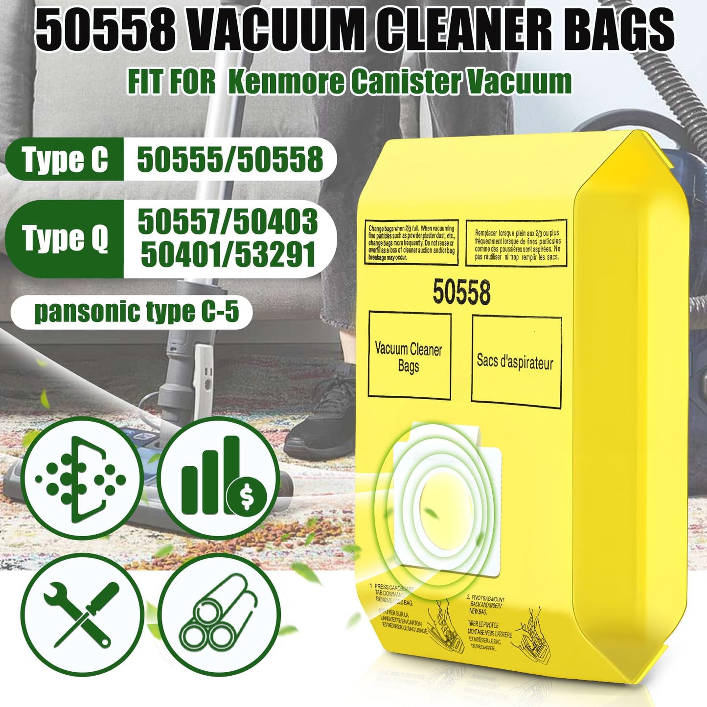 DTESL 50 Pack Vacuum Cleaner Bags Fit for Kenmore Canister Type C/Q 5055 50555 50557 50558 and Pana·sonic Type C-5 C-18, 200 Series, 400 Series, 600 Series, 700 Series, 800 Series (50 Pack)