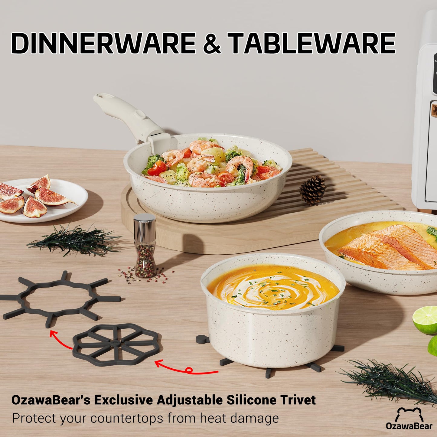 OzawaBear 23 Pcs Pots and Pans Set Non Stick, Ceramic Cookware Set Non Toxic with Detachable Handles, Healthy Induction Cookware Oven Safe RV Kitchen Set, PFAS PFOA & PTFE Free, Cream White