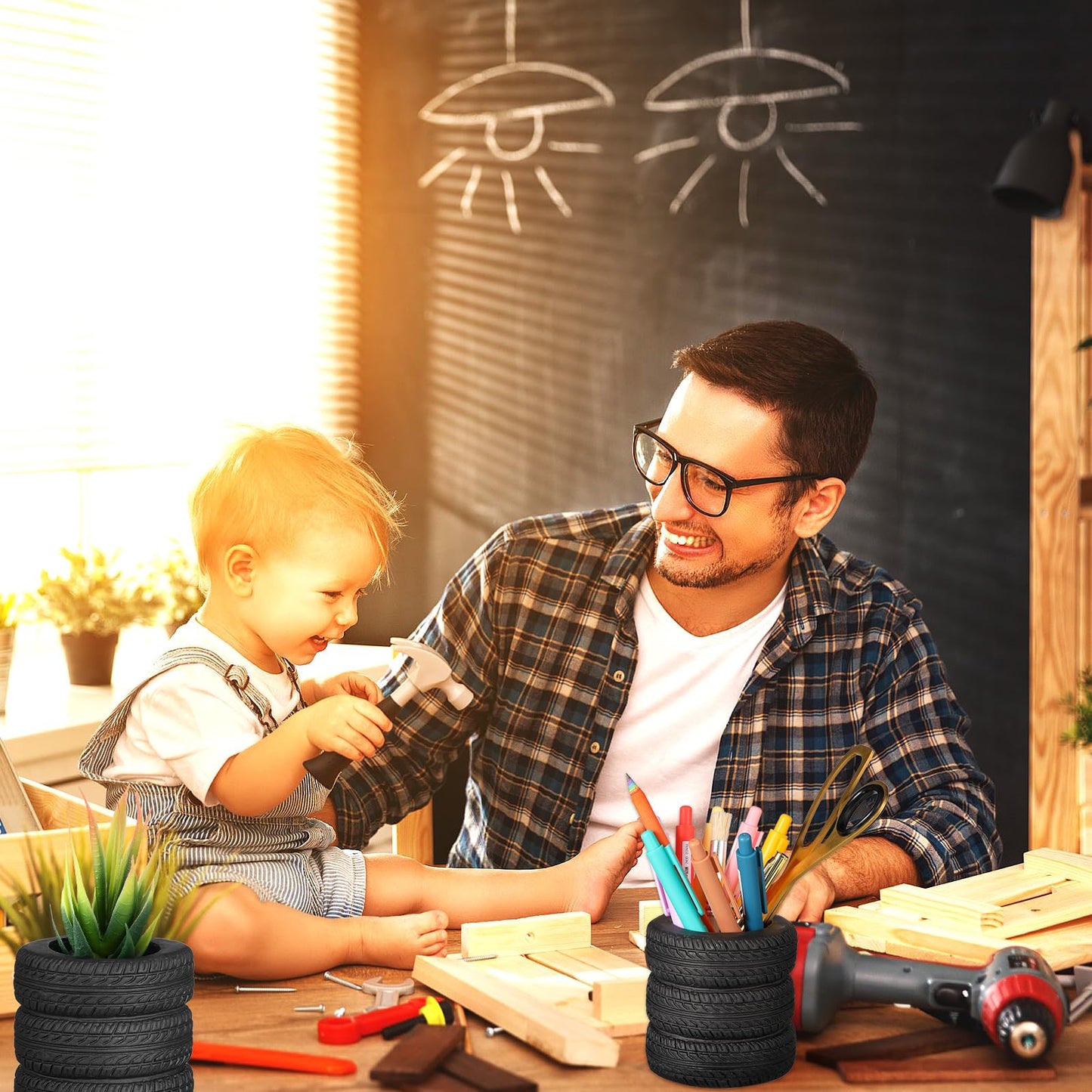 Crtiin 12 Pcs Operation Christmas Box Items Bulk Tire Shaped Pen Holder Car Tire Pencil Holder Stack Stationery Accessories for Desk Office Decor Gift Funny Cactus Succulent Planter