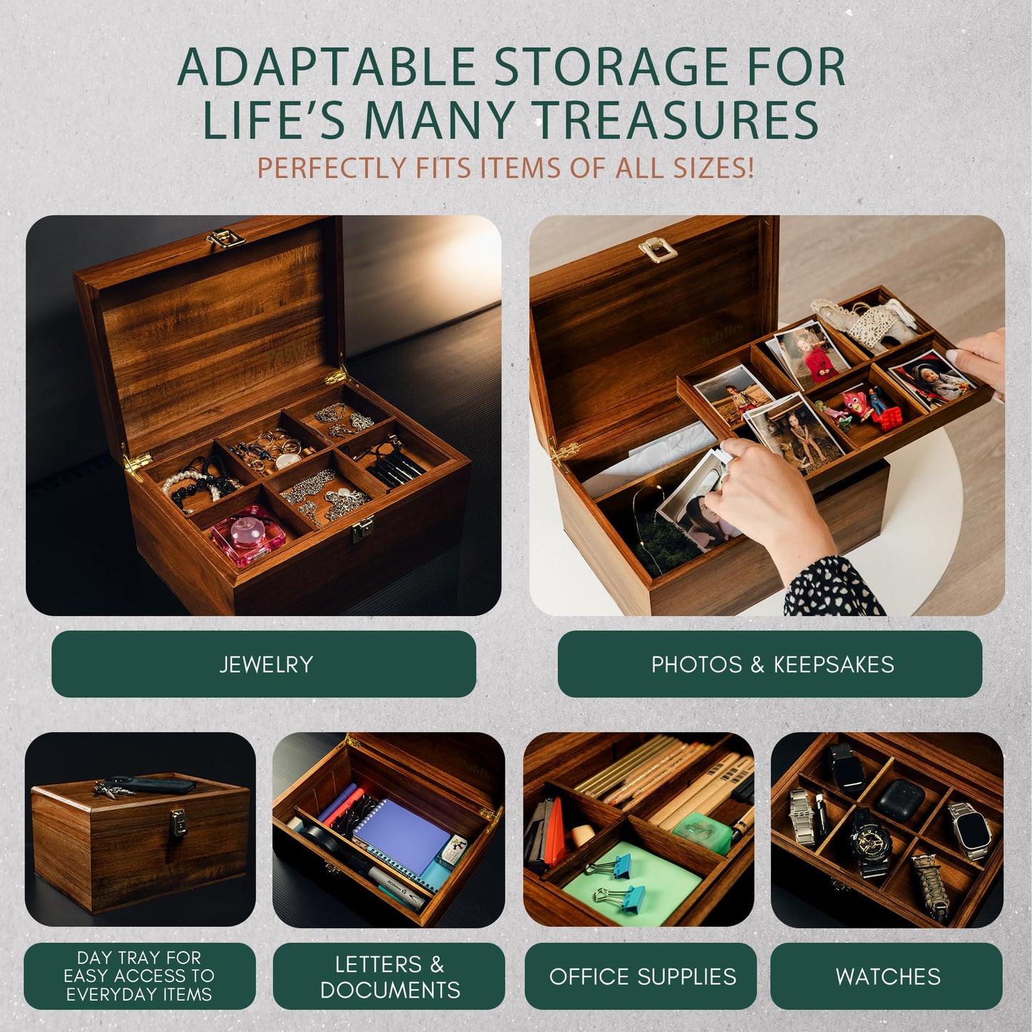 Public House Locking Wooden Keepsake Box, Customizable Design With Adjustable Tray. Large Wooden Box with Hinged Lid for Wedding and Memory Keepsakes