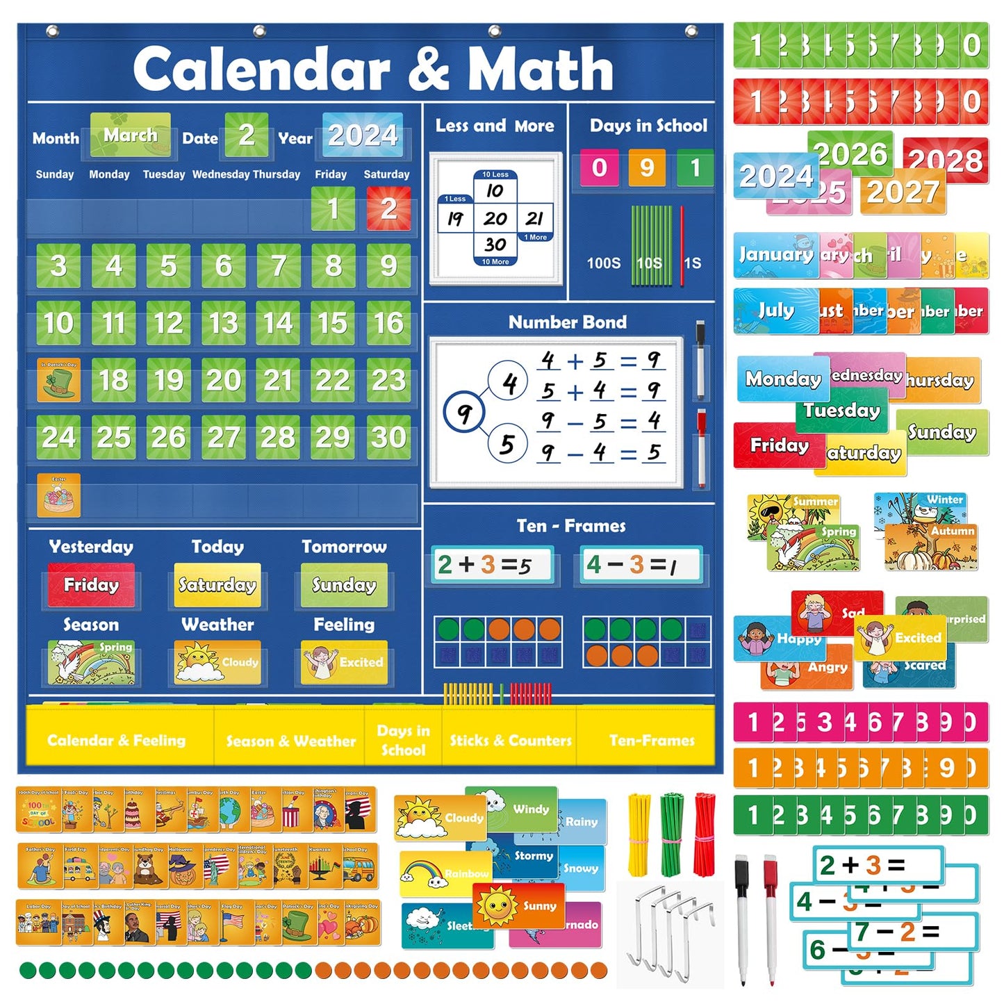 Quilinz Pocket Chart for Classroom,Toddler Preschool Math Calendar,Circle Time Learning Center,Math Manipulatives with Counting,Addition and Subtraction Games,Homeschool Supplies,Classroom Must Haves