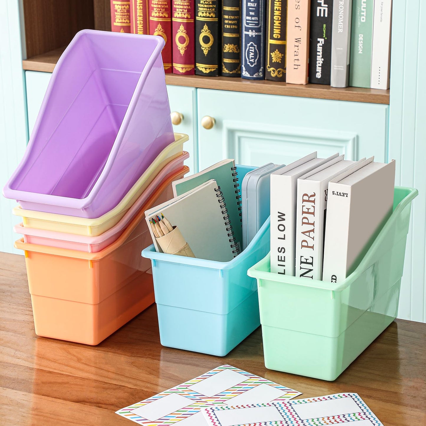 Blosssound 6 Set Book Bins for Classroom with Label Sticker Book Box Baskets Plastic Stackable Organizing Bins Storage & Organization for Classroom Library Home School Supplies (Pastel)